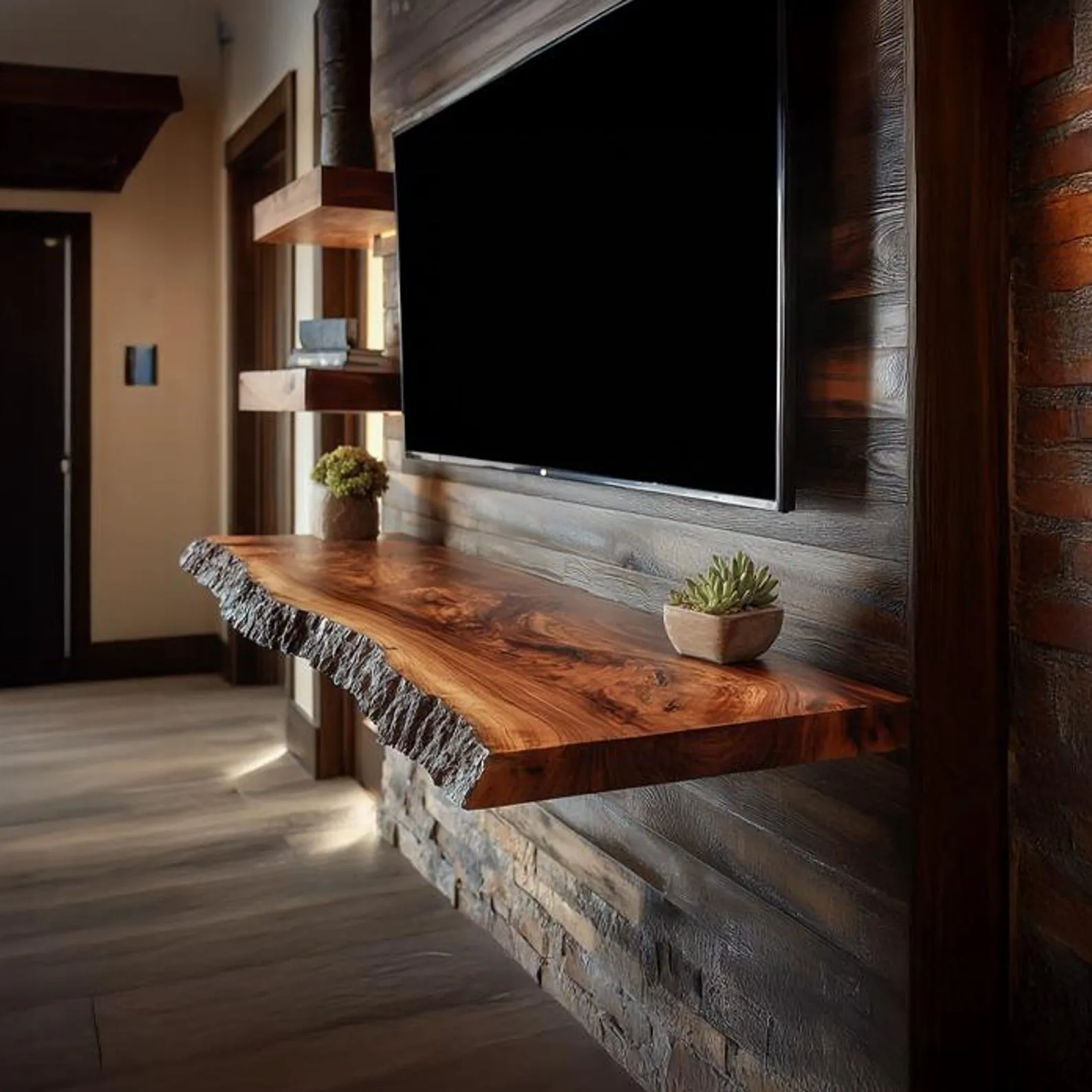 Rustic Walnut Monitor Stand Live Edge Media Console Floating Shelf Wooden Tv Stand Tv Console Decor Living Room Gift Halloween