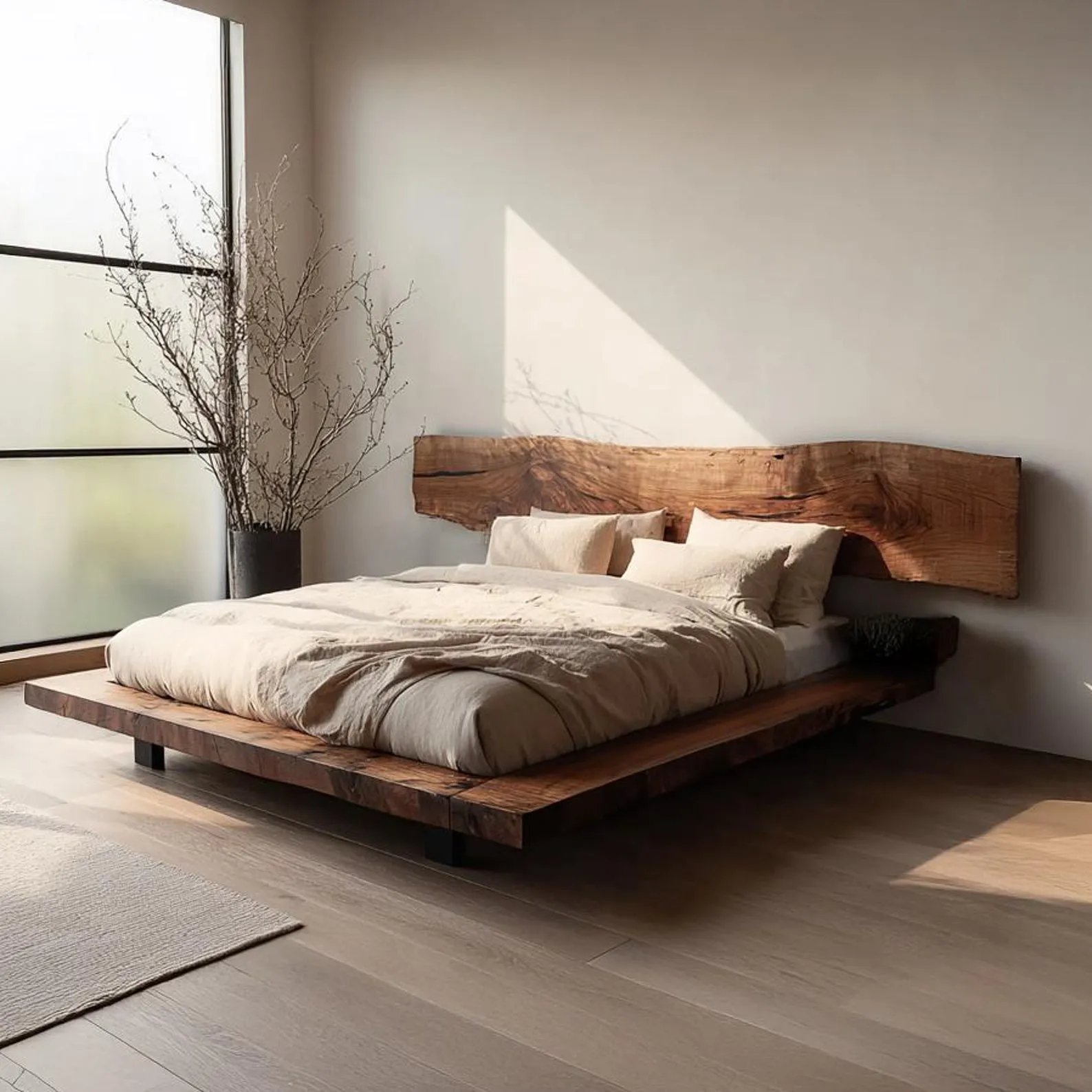 Rustic Bed Frame Headboard Wood Platform Bed Fram Solid Wood Platform Bed Walnut Bed Frame Platform Bed Decor Bed Room Decor Gift