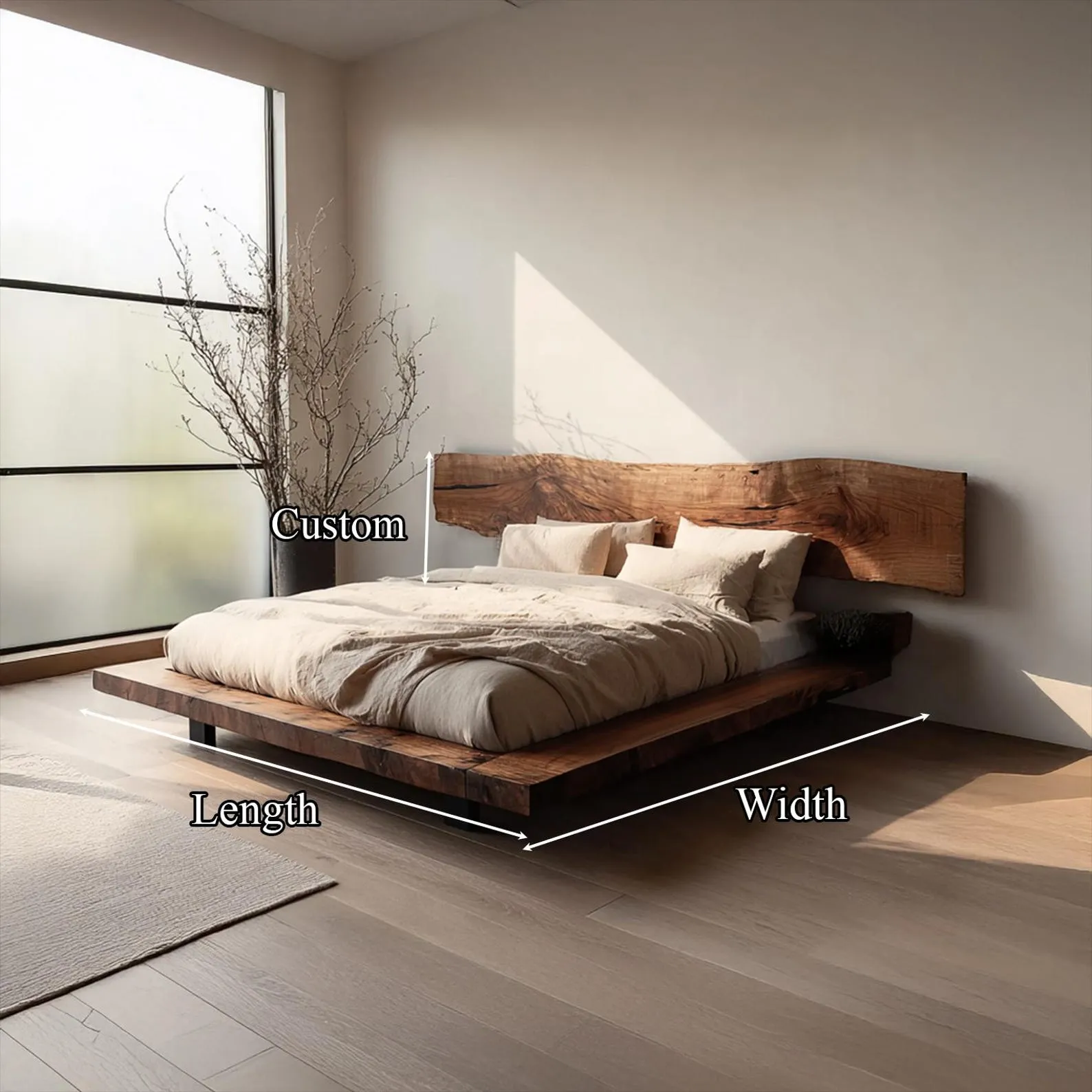 Rustic Bed Frame Headboard Wood Platform Bed Fram Solid Wood Platform Bed Walnut Bed Frame Platform Bed Decor Bed Room Decor Gift - Image 3