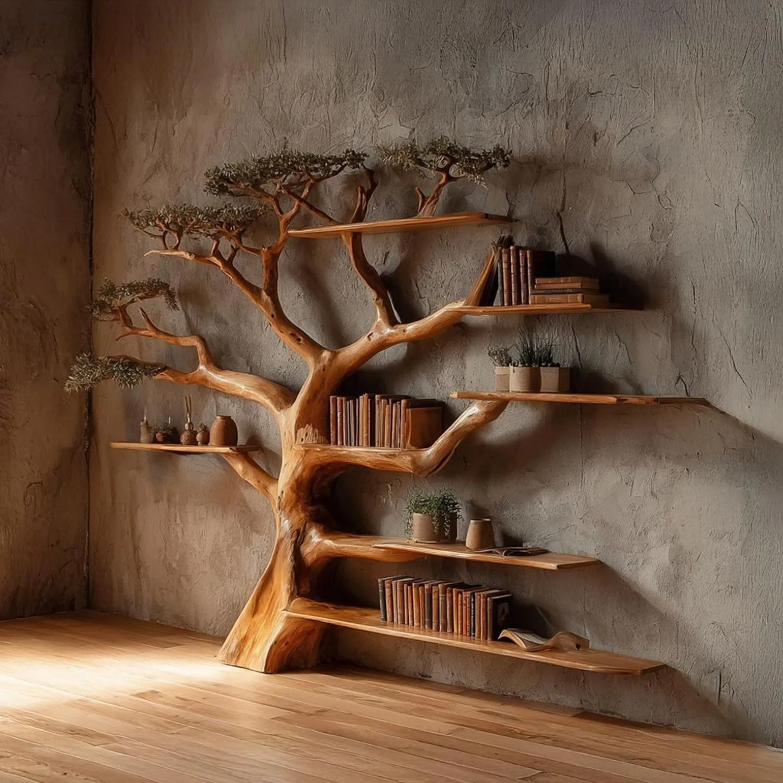 Tree Bookshelf Rustic Wooden Book Tree Shelf Unique Wall-Mounted Bookcase Natural Wood Furniture, Home Office Decor Gift