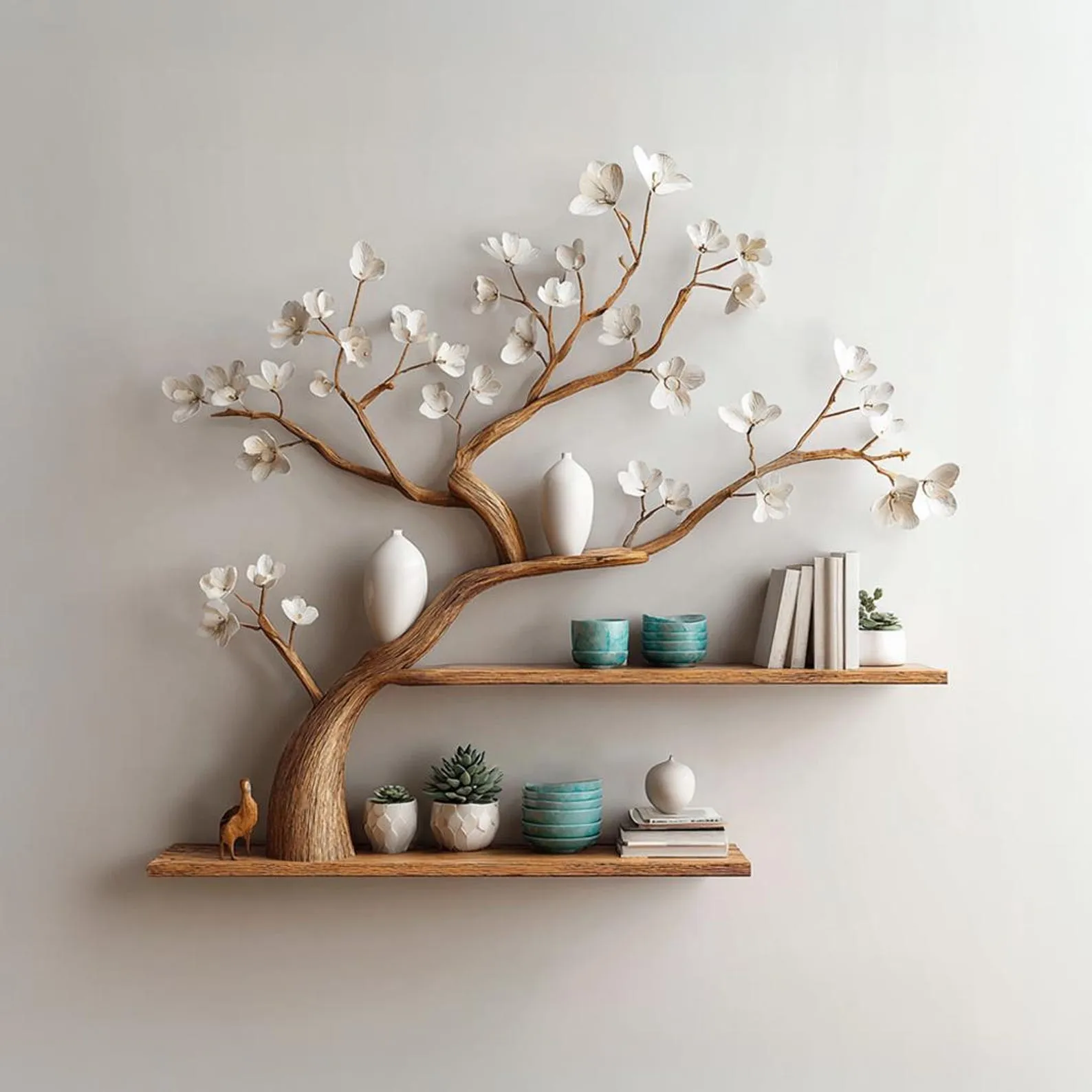 Solid driftwood branch tree bookshelf custom floating wood shelf book rack for wall live edge shelf decor living room gift