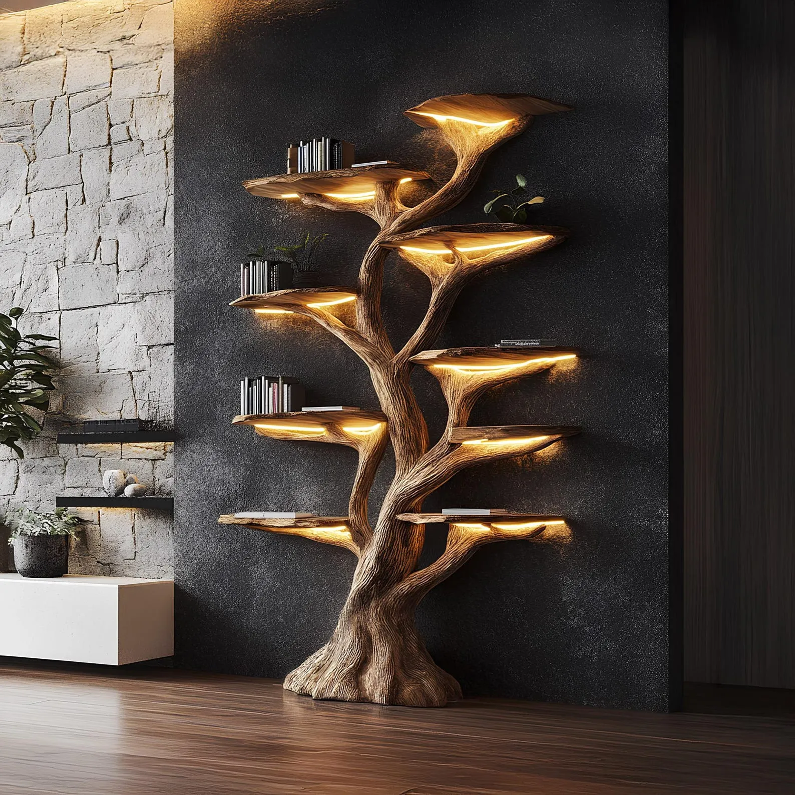 Tree Bookshelf, Rustic Wooden Book Tree Shelf, Unique Wall-Mounted Bookcase, Natural Wood Furniture, Home Office Decor, Custom Shelf Display