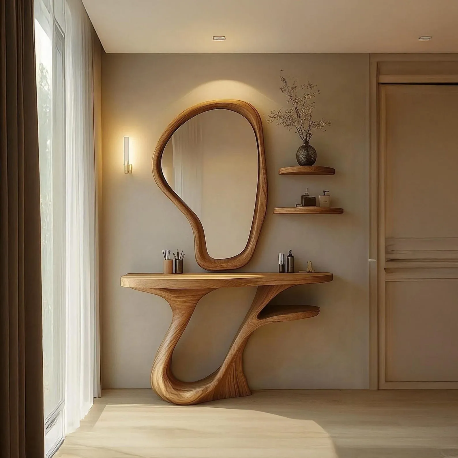 Rustic Live Edge Wooden Vanity Set with Mirror, Wooden Console Table Set, Handmade Driftwood Console Table for Bathroom or Entryway