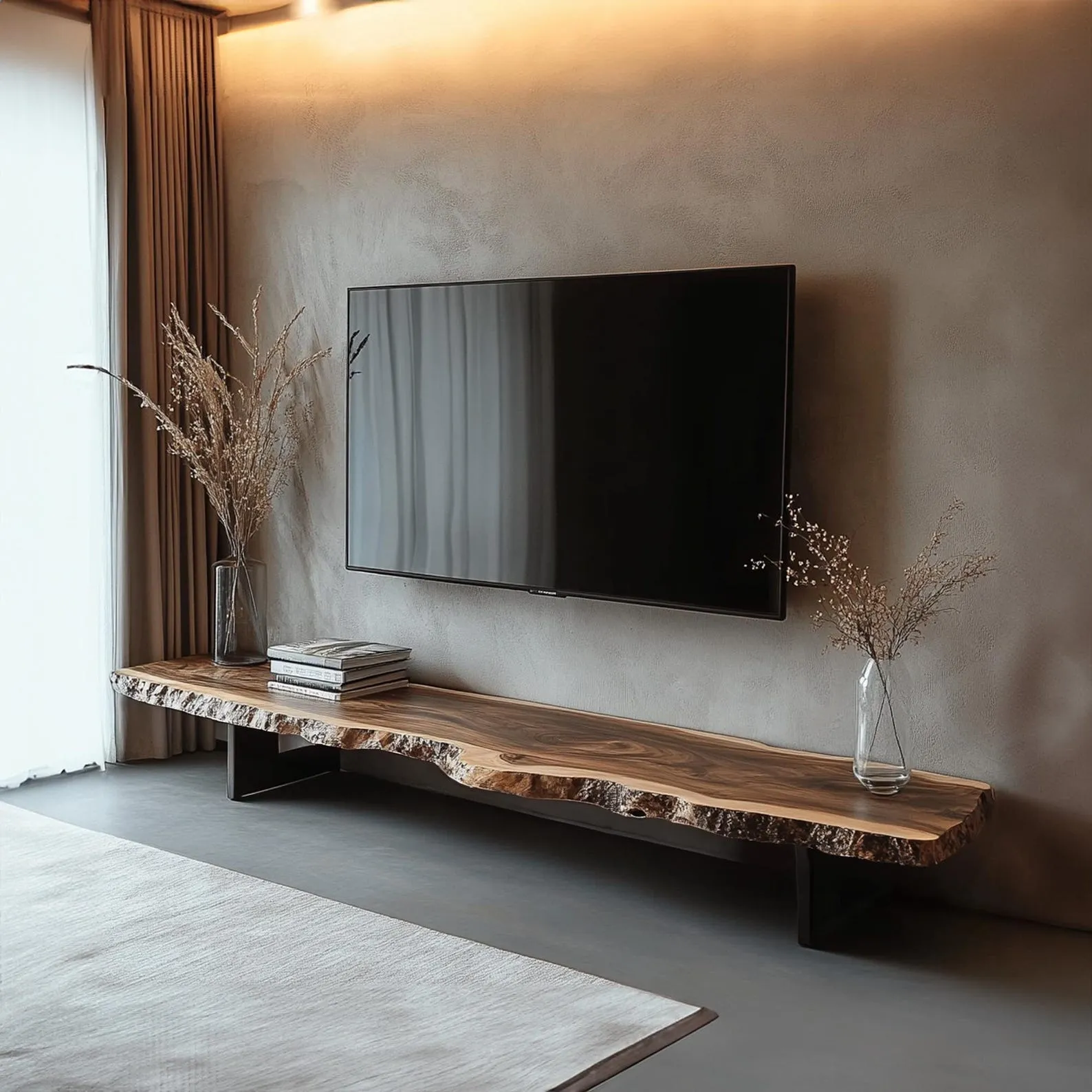 Rustic Live Edge TV Stand, Solid Walnut Floating Shelf Console, Natural Wood Media Cabinet, Handmade Wooden TV Bench with Unique Grain