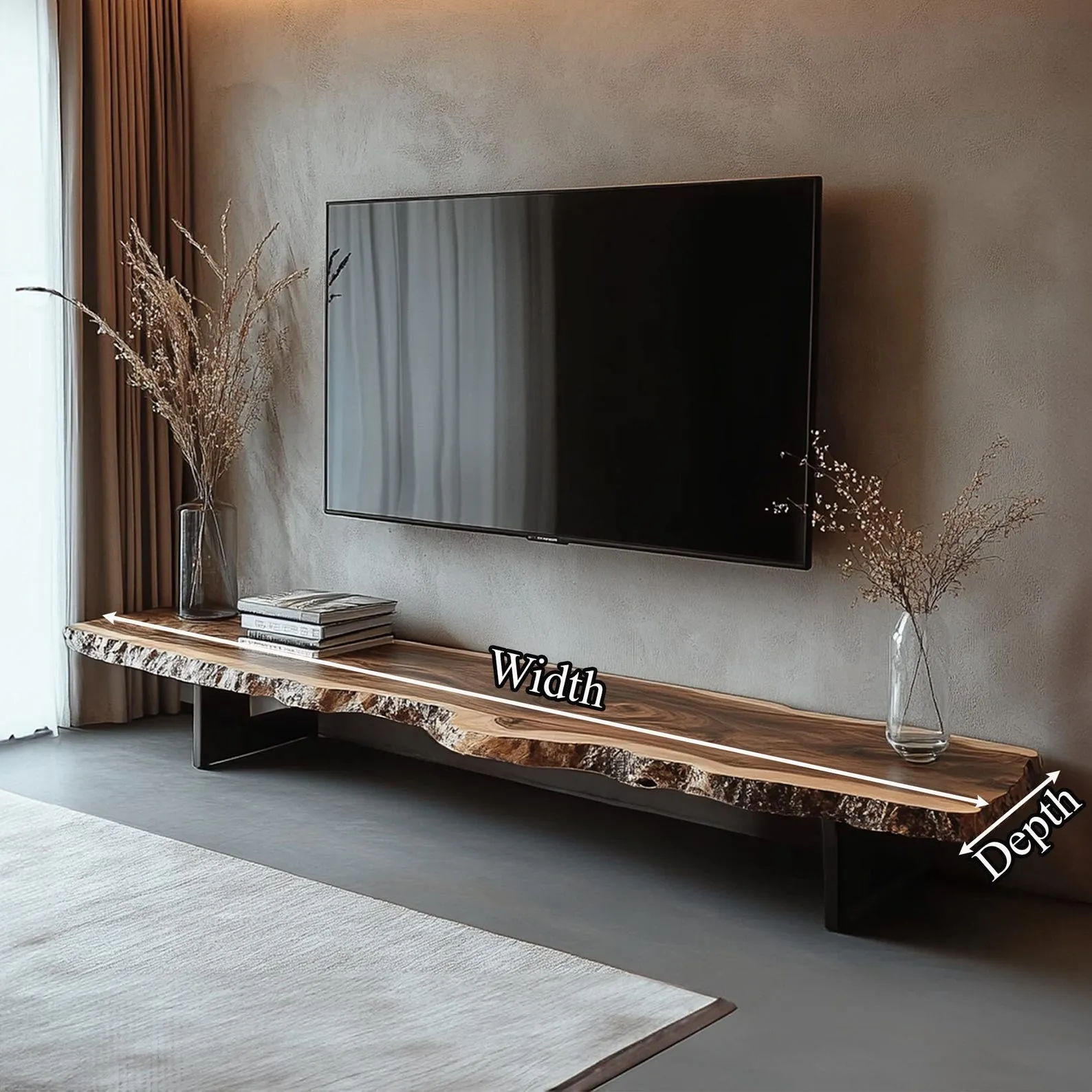 Rustic Live Edge TV Stand, Solid Walnut Floating Shelf Console, Natural Wood Media Cabinet, Handmade Wooden TV Bench with Unique Grain - Image 2