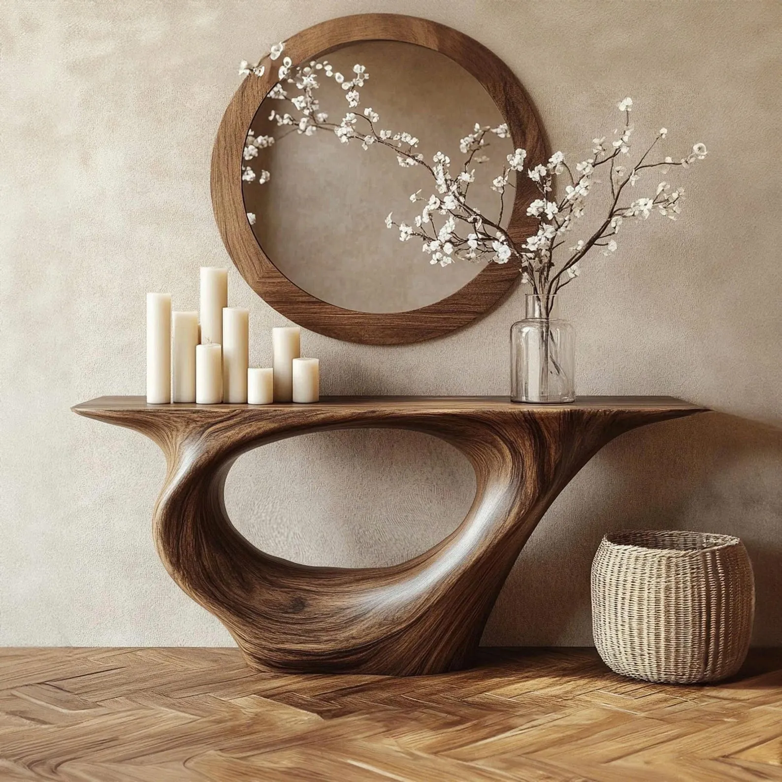 Sculptural Wood Console Table Natural Driftwood Inspired Design Handmade Unique Entryway Decor Bespoke Solid Wood Furniture