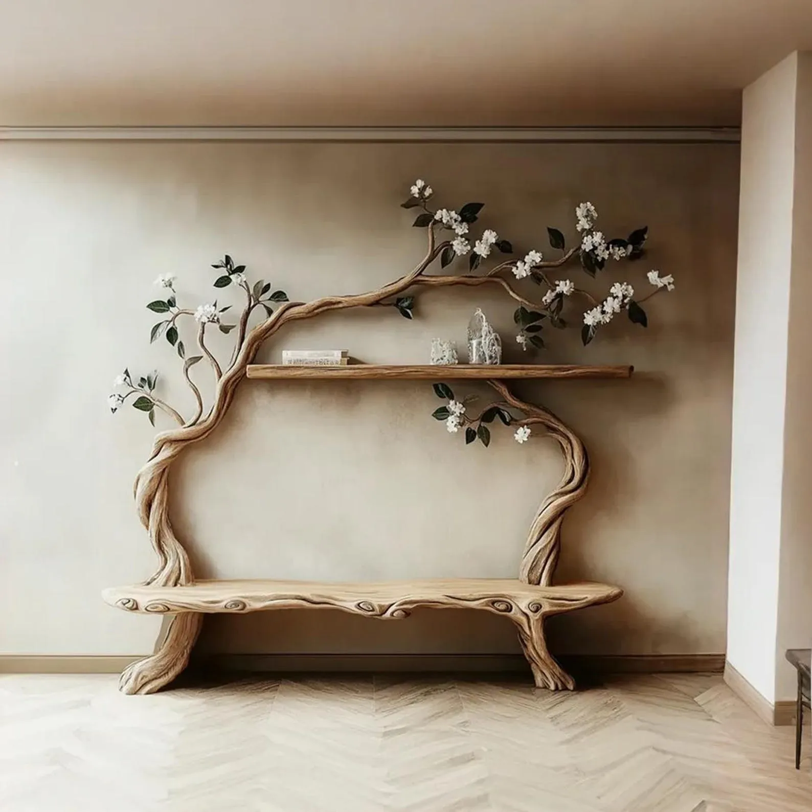 Rustic tree branch bookshelf wood sculpture live edge shelf wood art handmade furniture bookcase wall decor home gift her