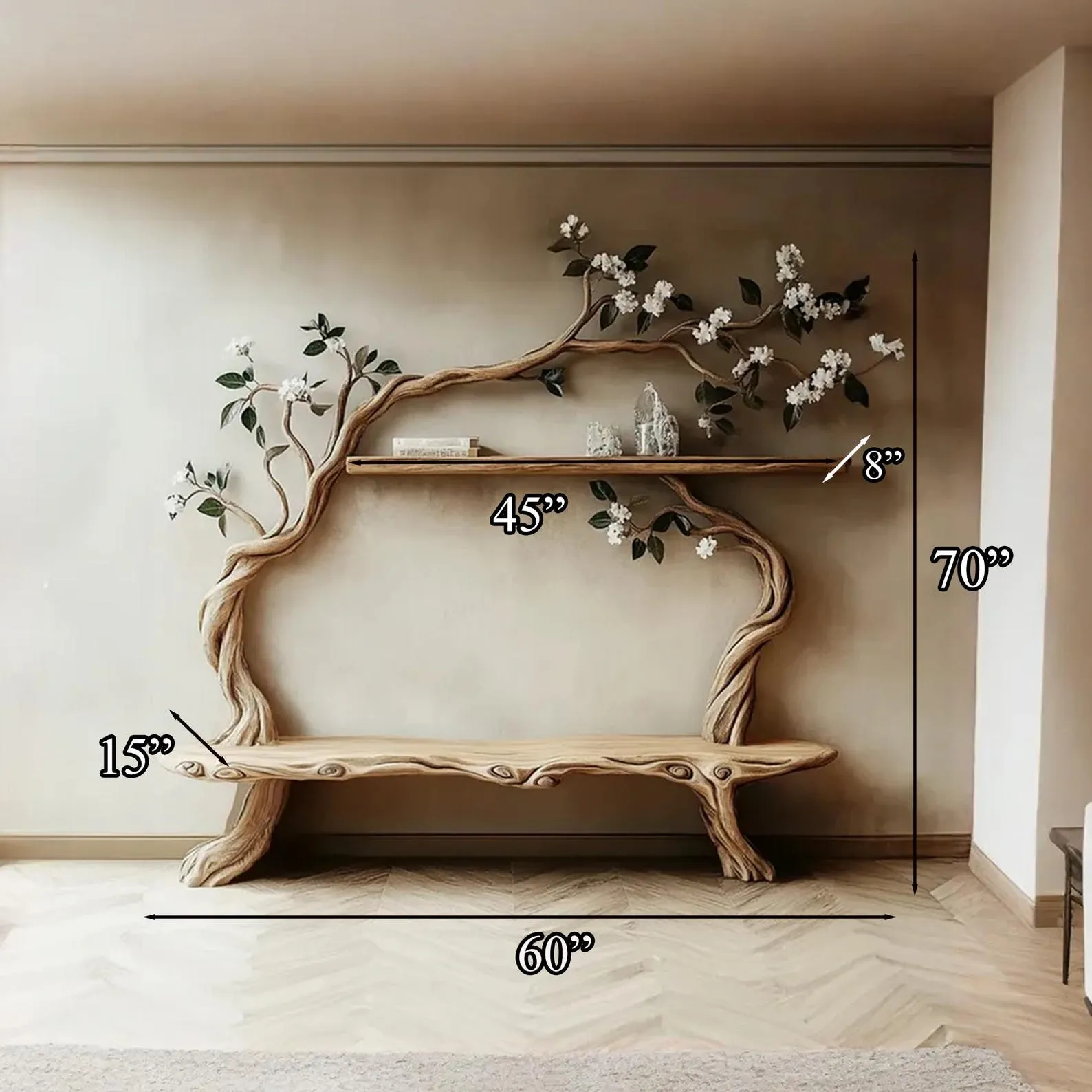 Rustic tree branch bookshelf wood sculpture live edge shelf wood art handmade furniture bookcase wall decor home gift her - Image 2