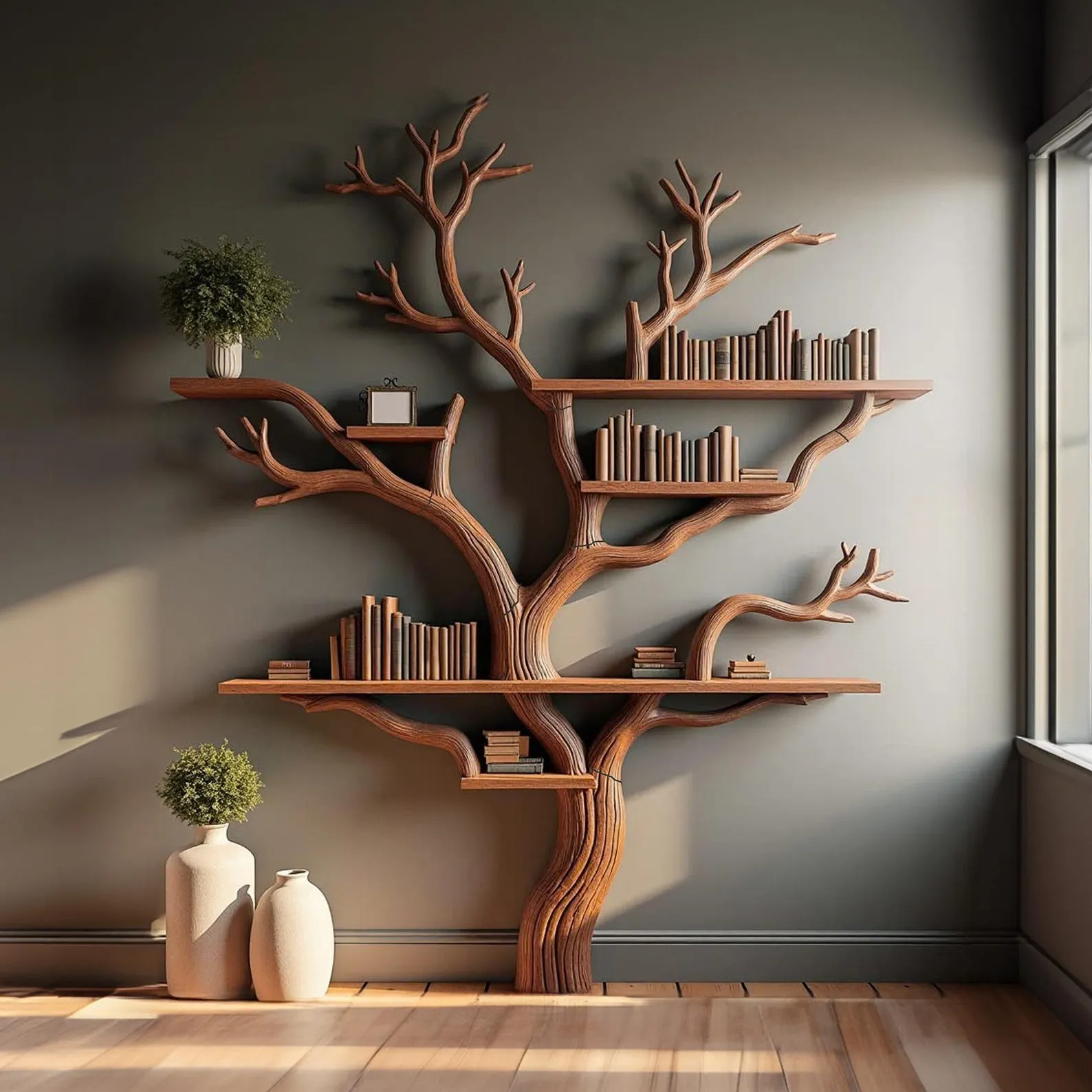 Tree branch bookshelf tree bookcase solid wood rustic bookshelf tree wall art handmade furniture decor living home personalized gift