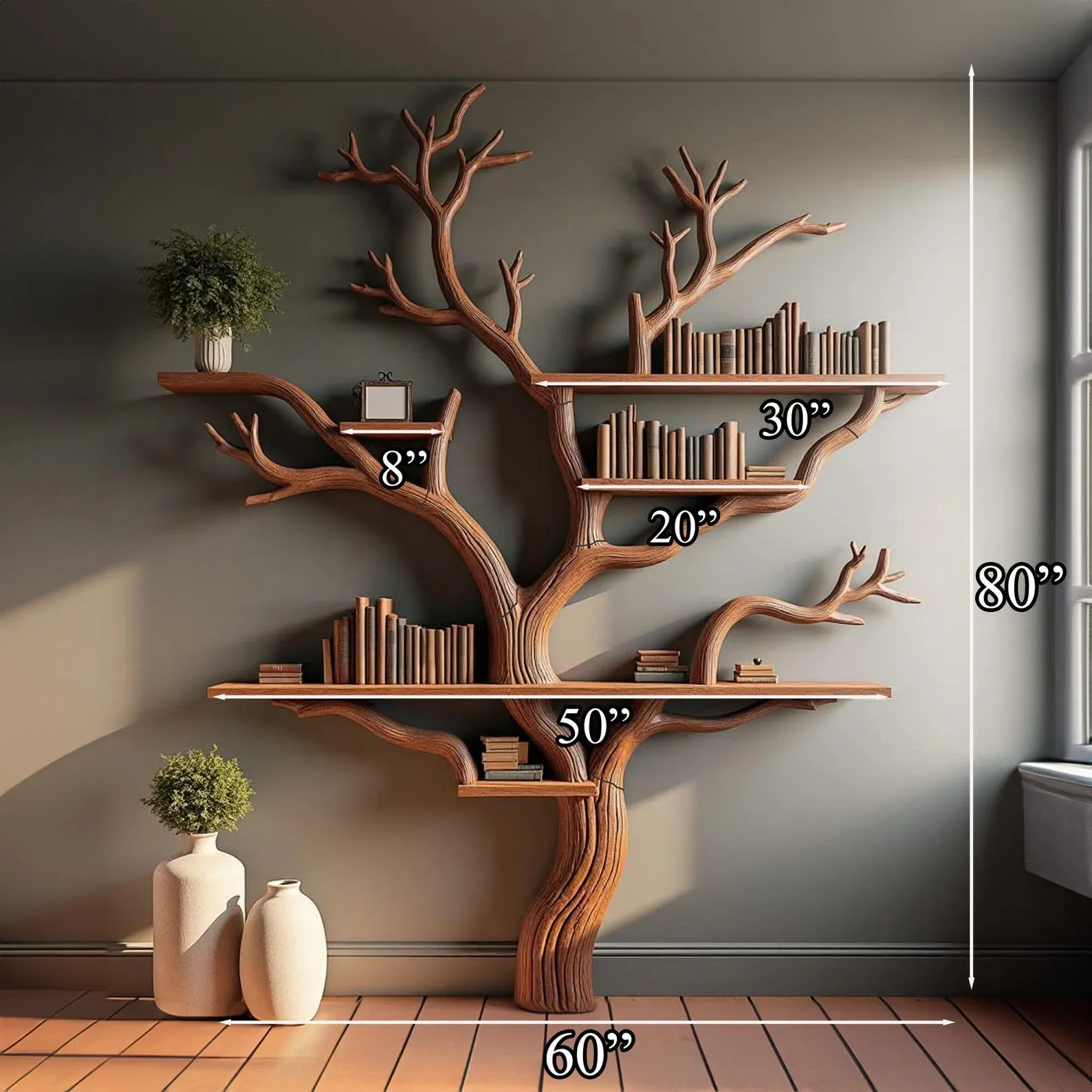 Tree branch bookshelf tree bookcase solid wood rustic bookshelf tree wall art handmade furniture decor living home personalized gift - Image 4