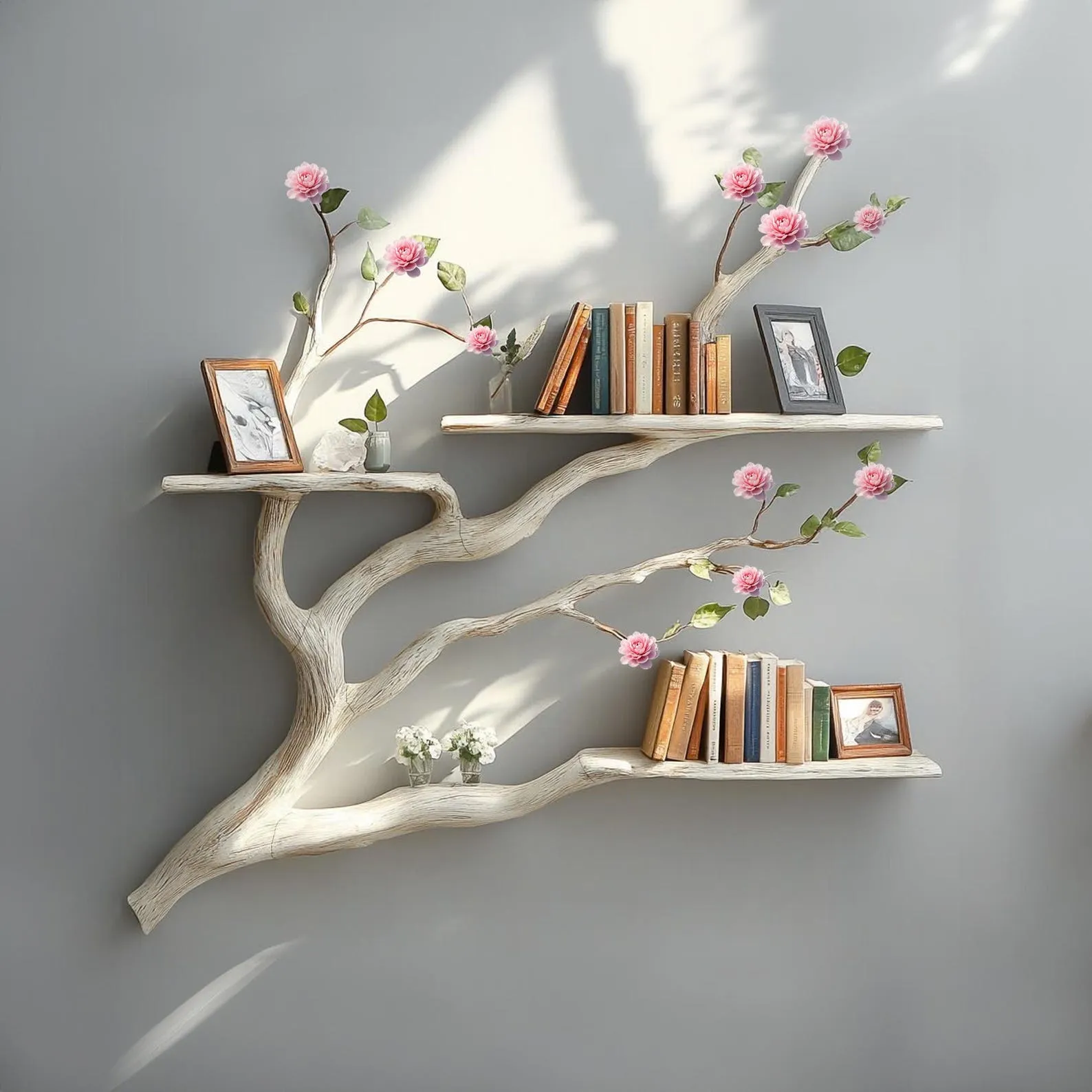 Custom solid driftwood branch tree bookshelf decor living room handmade floating wood shelf book rack wall live edge shelf valentine gift