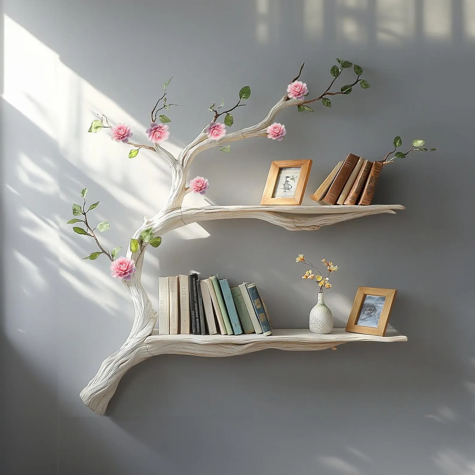 Natural solid driftwood branch tree bookshelf decor handmade custom floating wood shelf book rack for wall live edge shelf gift her