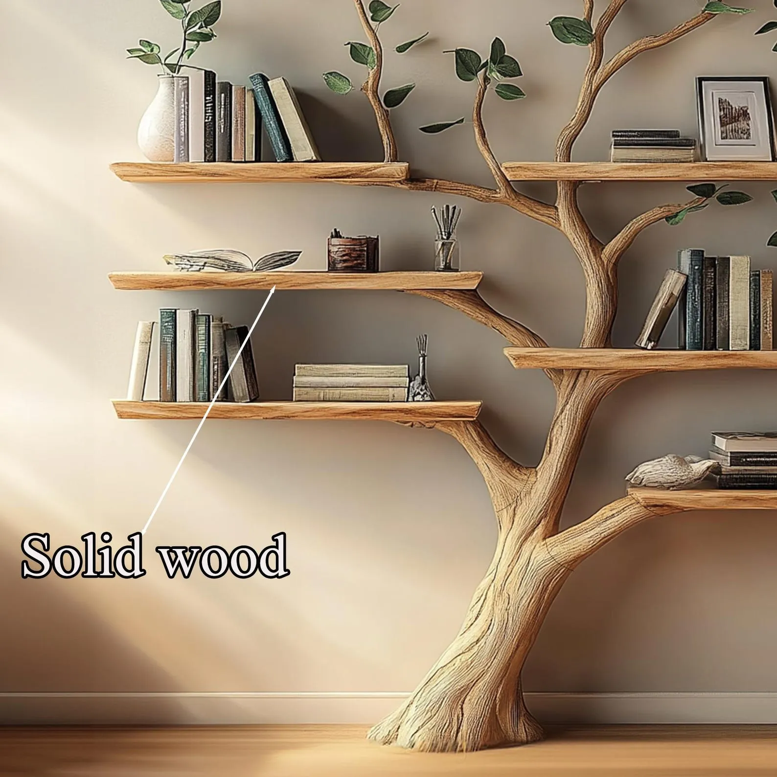 Natural solid wood tree bookshelf floating bookshelf wall mount bookshelf tree corner shelf live edge shelf decor living room gift her - Image 5