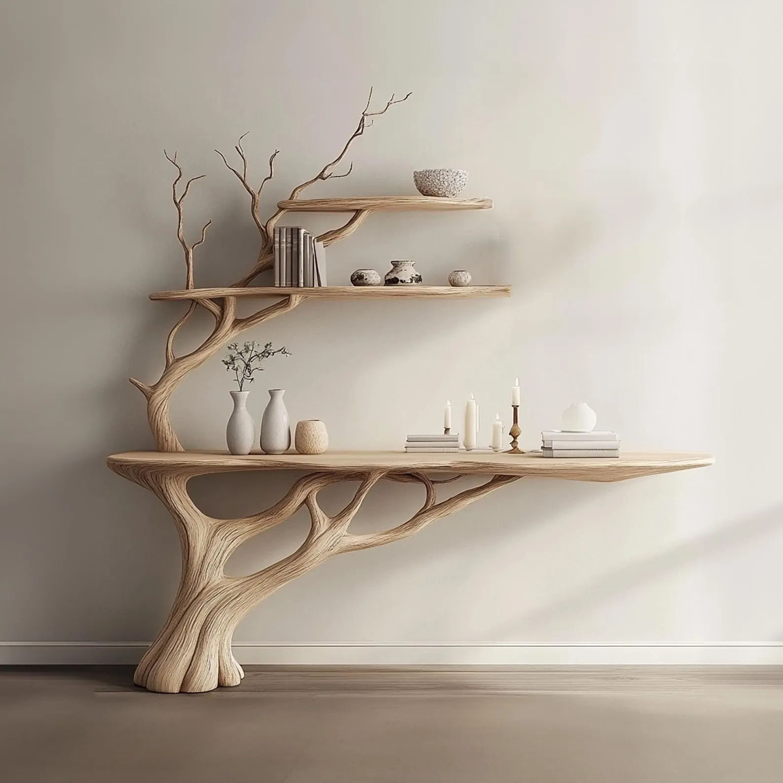 Tree branch montessori bookshelf console narrow table with tree branch bookshelf Mid century bookcase wall mount christmas decor.