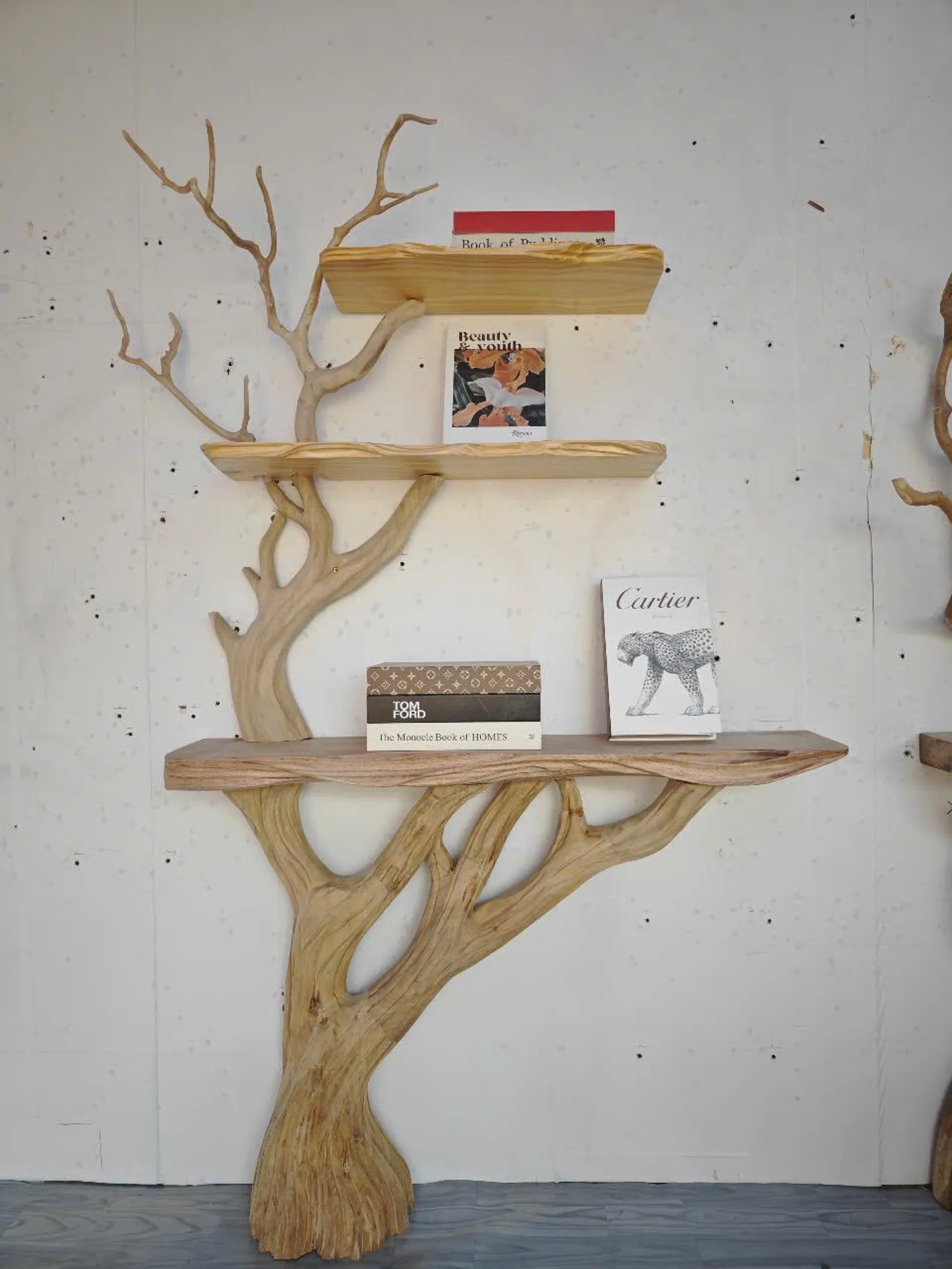 Tree branch montessori bookshelf console narrow table with tree branch bookshelf Mid century bookcase wall mount christmas decor. - Image 2