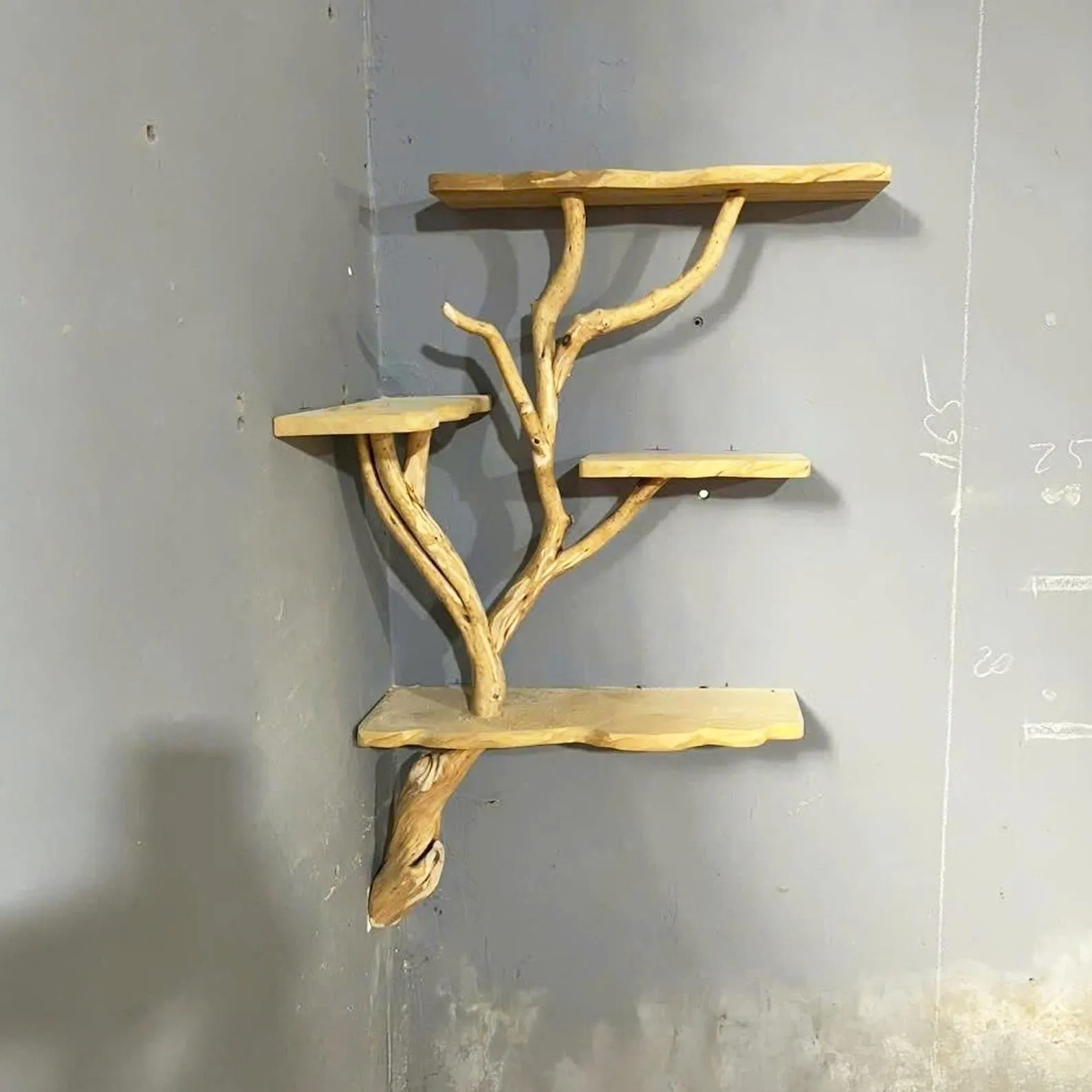 Tree branch shelves wall mount bookshelf handcrafted sculpture floating book shelf reclaimed solid wood bookcase