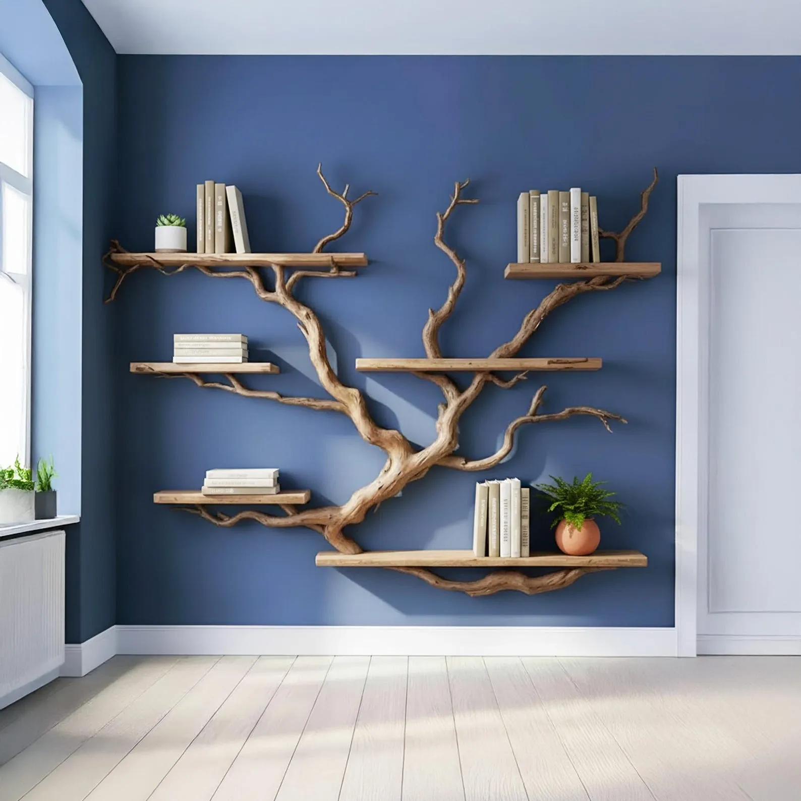Floating shelves tree branch book shelf handcrafted reclaimed solid wood bookcase sculpture driftwood shelf decor home