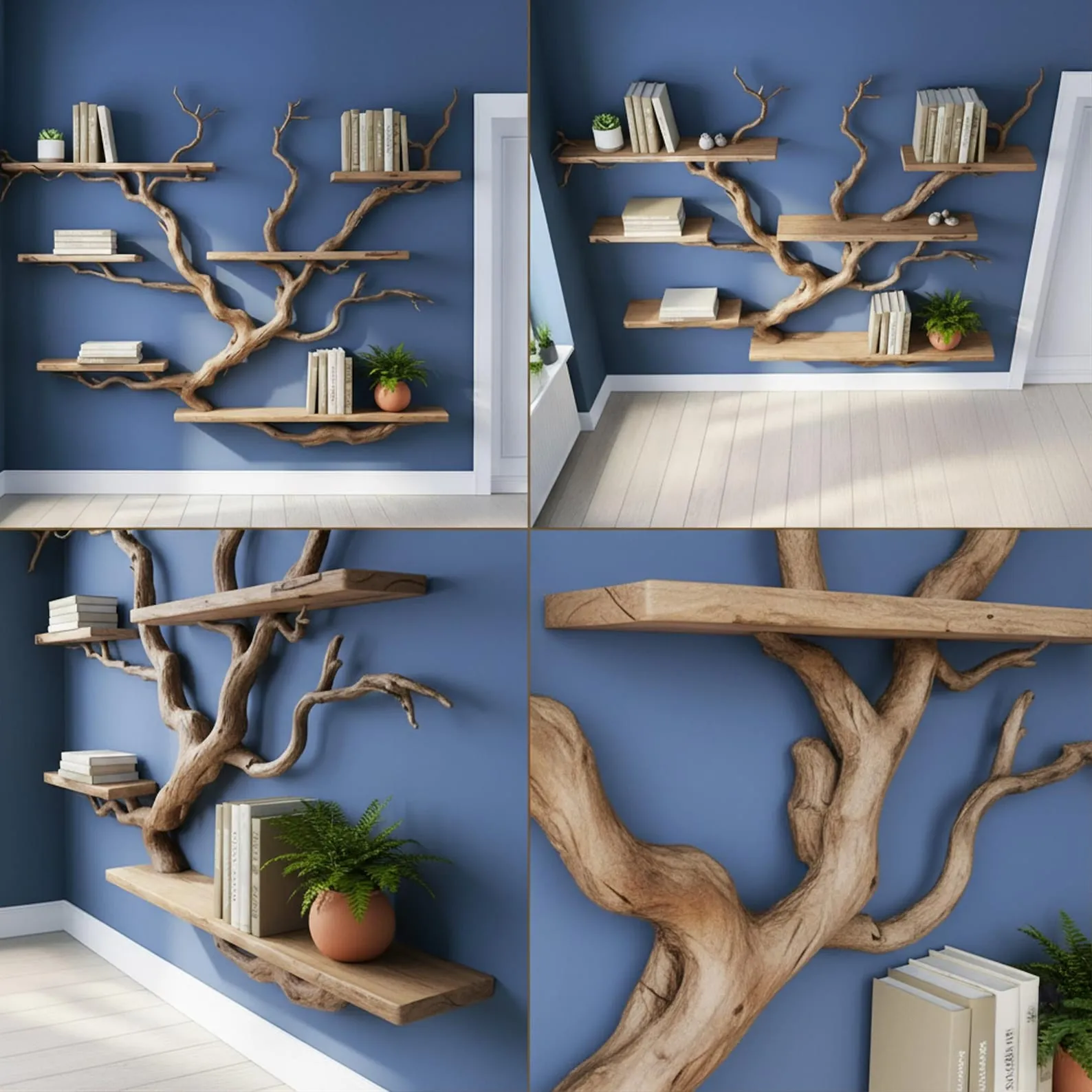 Floating shelves tree branch book shelf handcrafted reclaimed solid wood bookcase sculpture driftwood shelf decor home - Image 2
