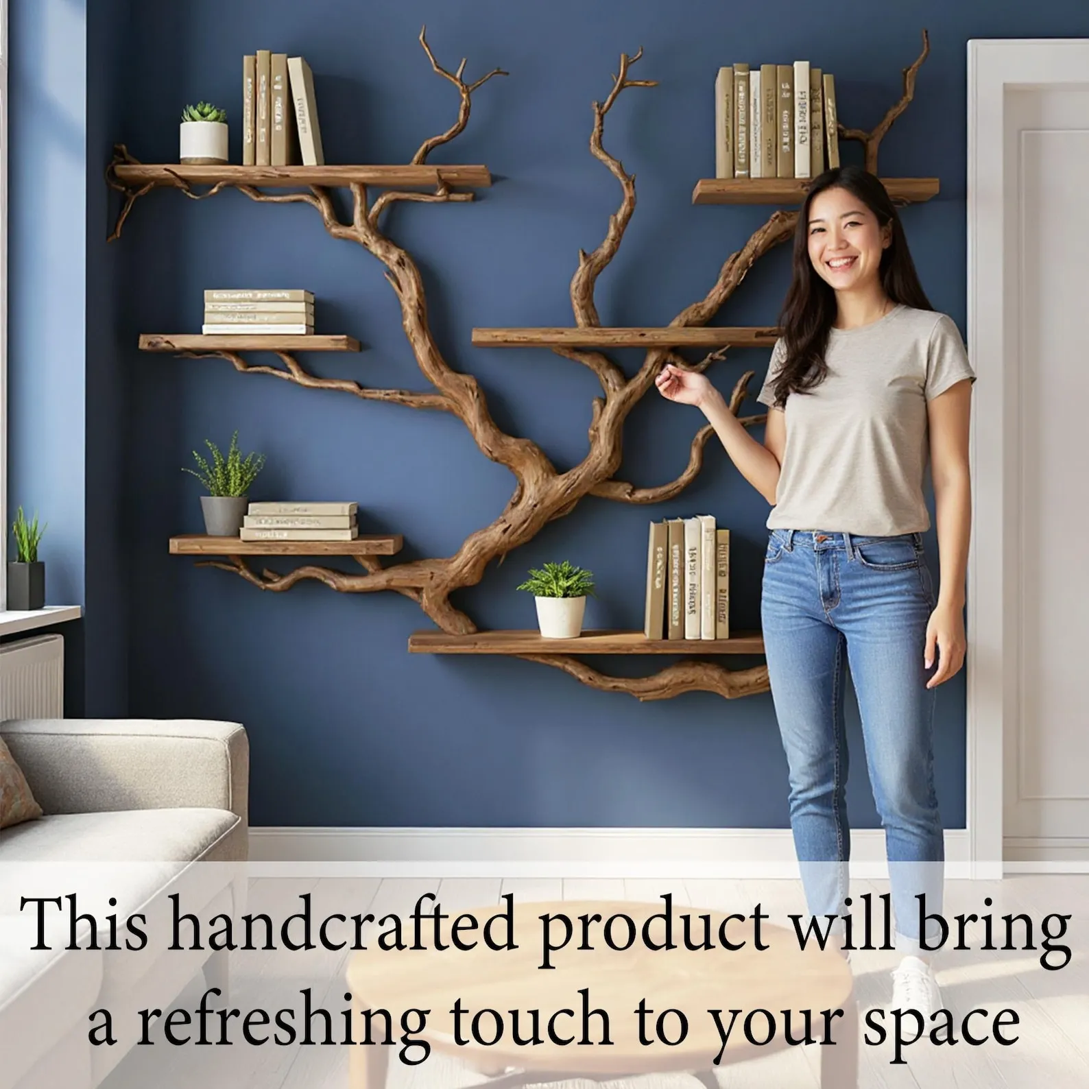 Floating shelves tree branch book shelf handcrafted reclaimed solid wood bookcase sculpture driftwood shelf decor home - Image 3