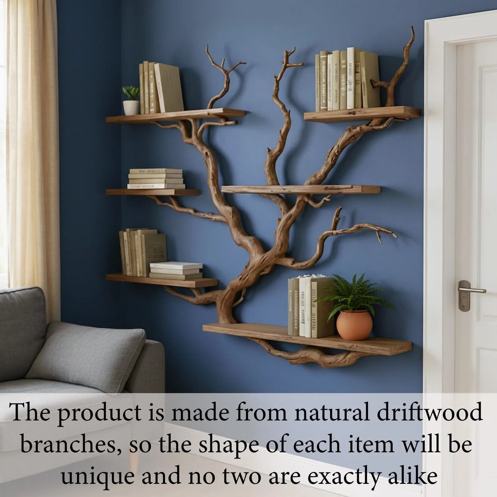 Floating shelves tree branch book shelf handcrafted reclaimed solid wood bookcase sculpture driftwood shelf decor home - Image 6