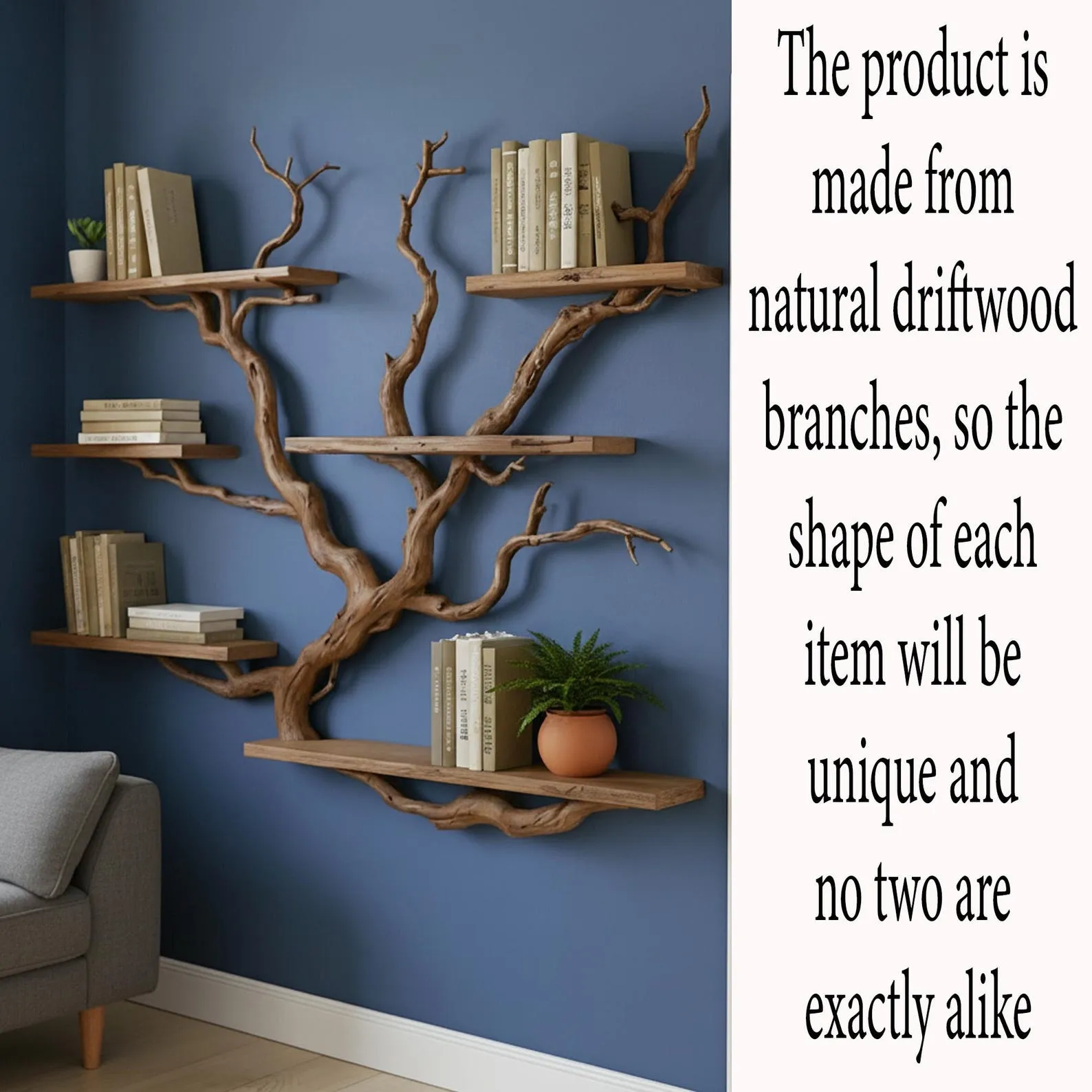 Floating shelves tree branch book shelf handcrafted reclaimed solid wood bookcase sculpture driftwood shelf decor home - Image 8