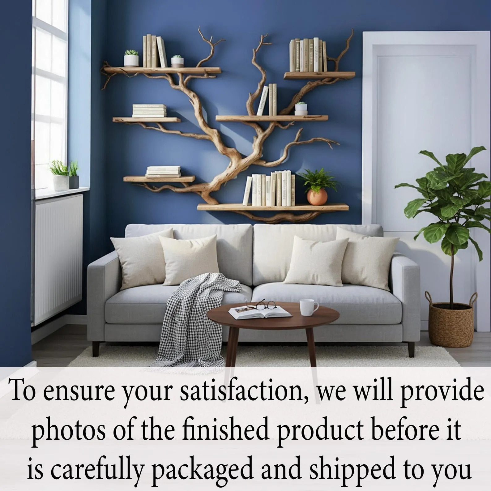 Floating shelves tree branch book shelf handcrafted reclaimed solid wood bookcase sculpture driftwood shelf decor home - Image 9