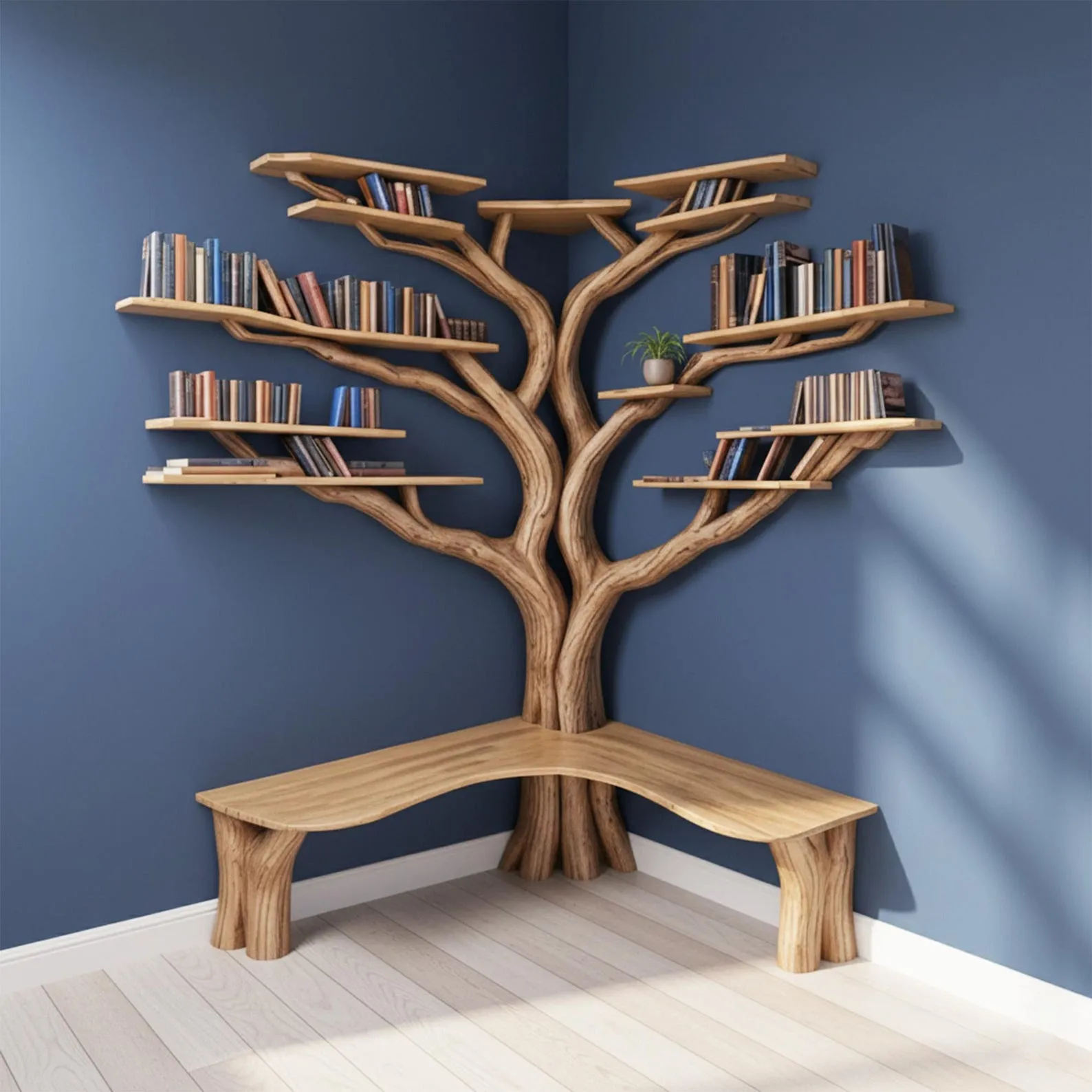 Corner bookcase tree branch wall shelf solid wood driftwood shelving floating bookshelf real wood furniture