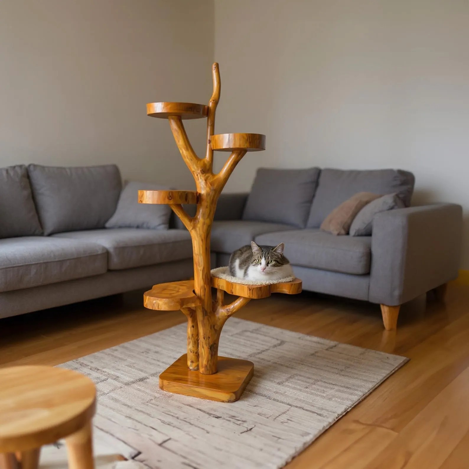 Cat tower for large cats solid wood tree branch plant stand indoor tall natural driftwood art handmade furniture