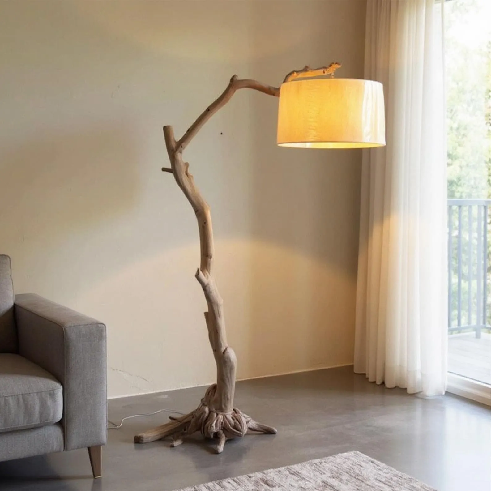 Free standing floor lamp driftwood tree branch tall standing lighting fabric lampshade solid wood light branch
