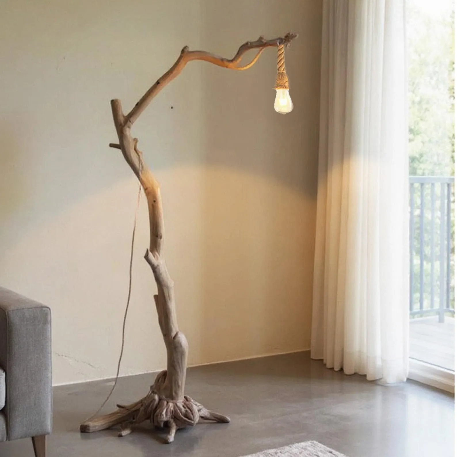 Free standing floor lamp driftwood tree branch tall standing lighting fabric lampshade solid wood light branch - Image 2