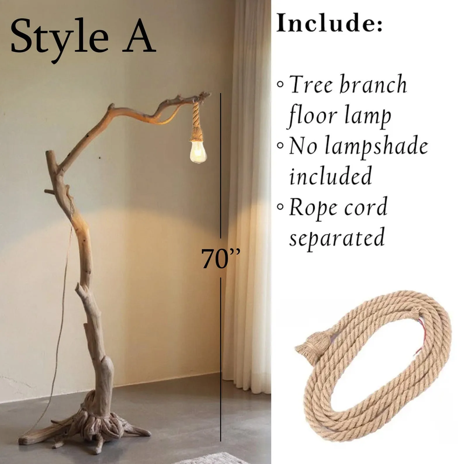 Free standing floor lamp driftwood tree branch tall standing lighting fabric lampshade solid wood light branch - Image 6