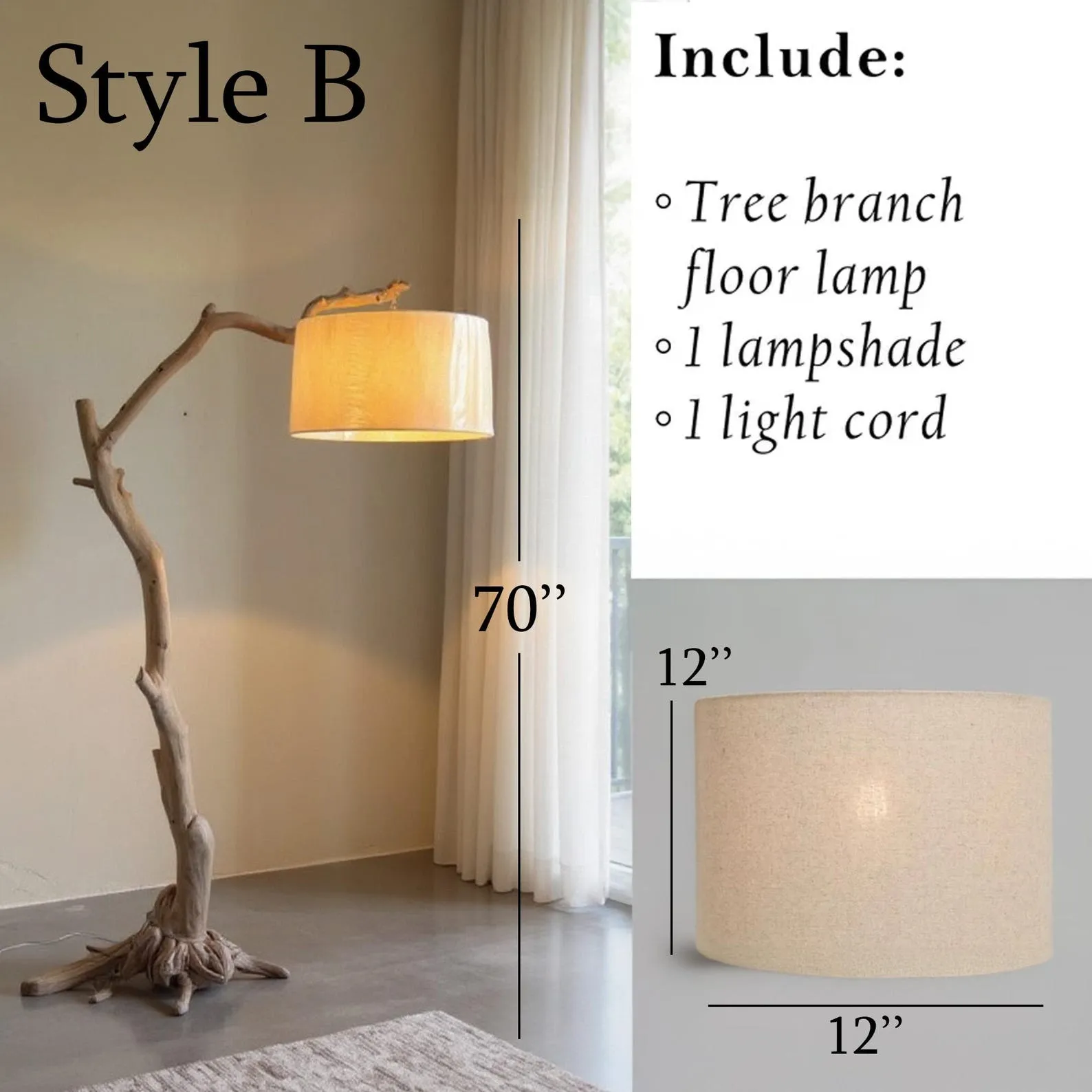 Free standing floor lamp driftwood tree branch tall standing lighting fabric lampshade solid wood light branch - Image 8
