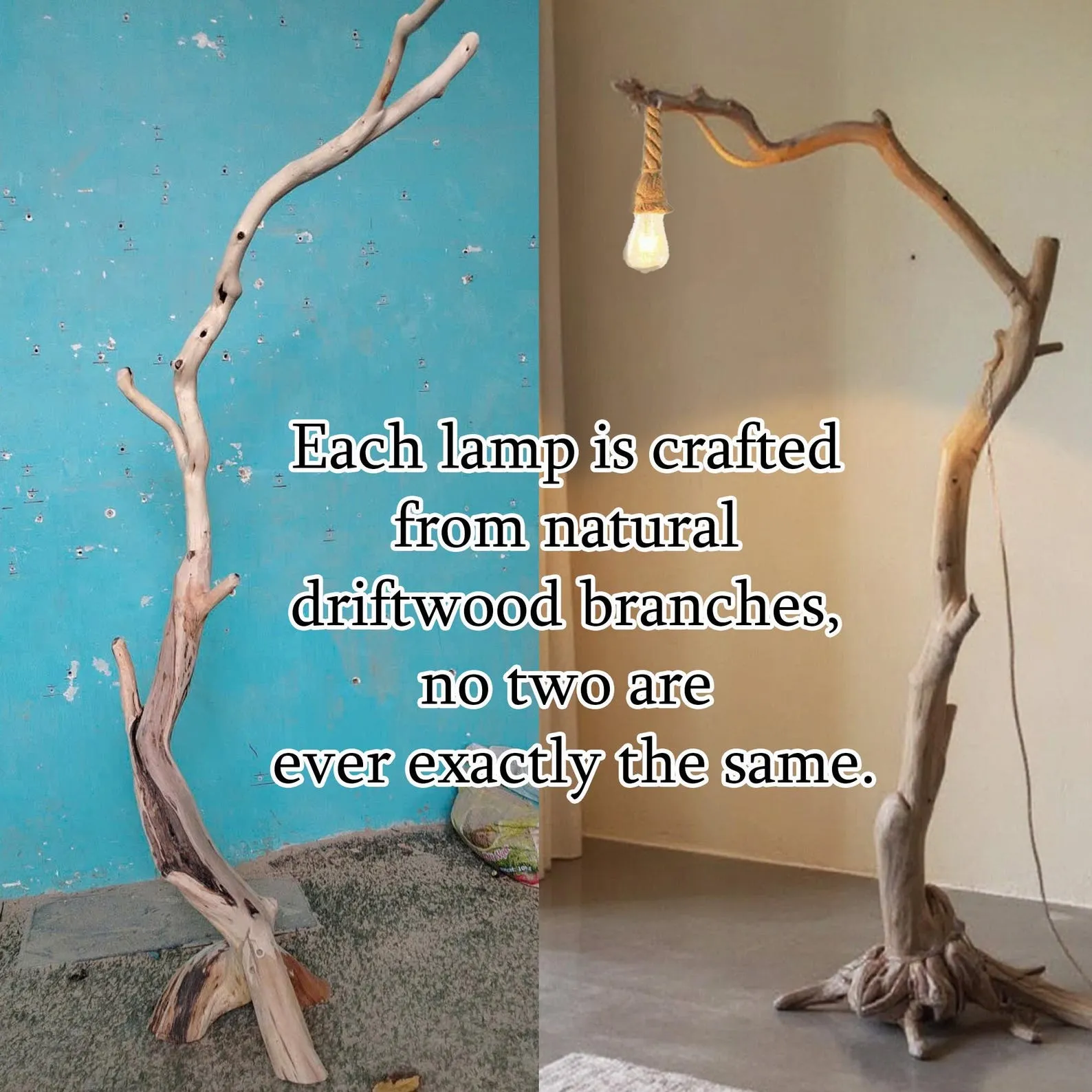 Free standing floor lamp driftwood tree branch tall standing lighting fabric lampshade solid wood light branch - Image 9