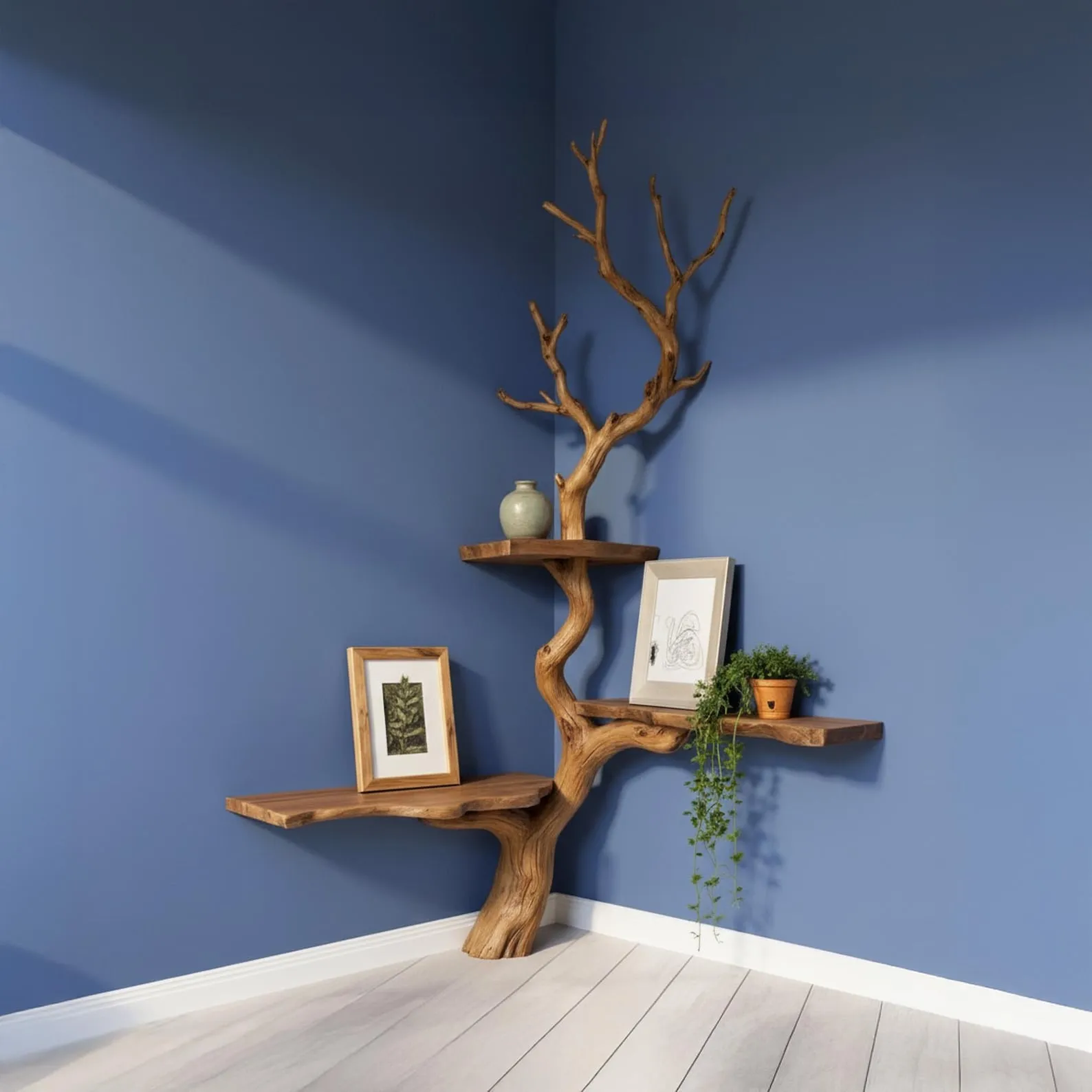 Tree branch shelves floating corner book shelf wall mounted custom shelves driftwood book shelf decor home