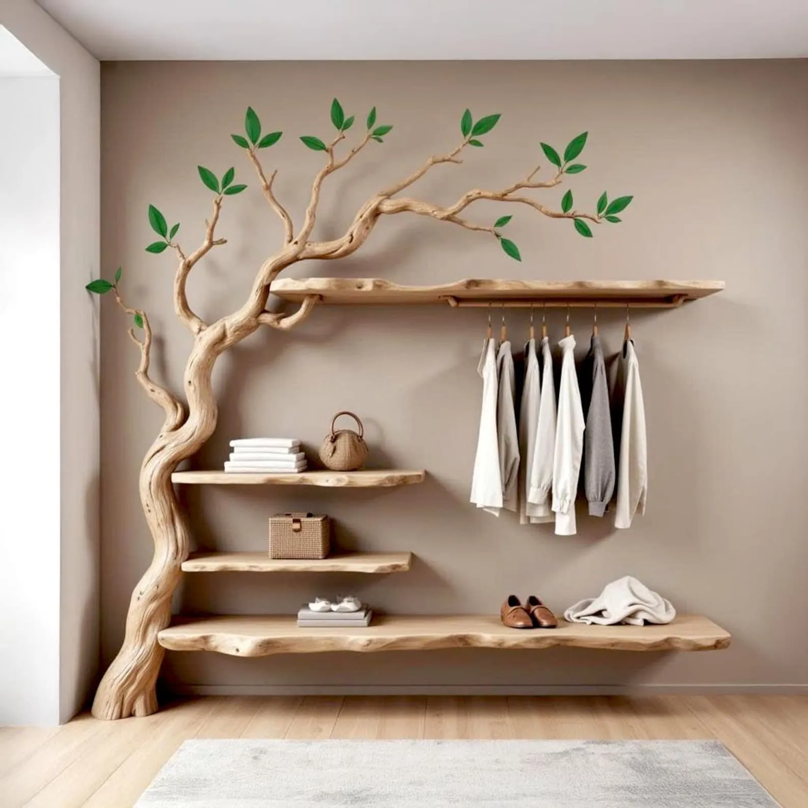 Driftwood tree branch coat rack with shelf wall mount wood branch hooks floating tree shelf clothes storage hanging coat rack decoration