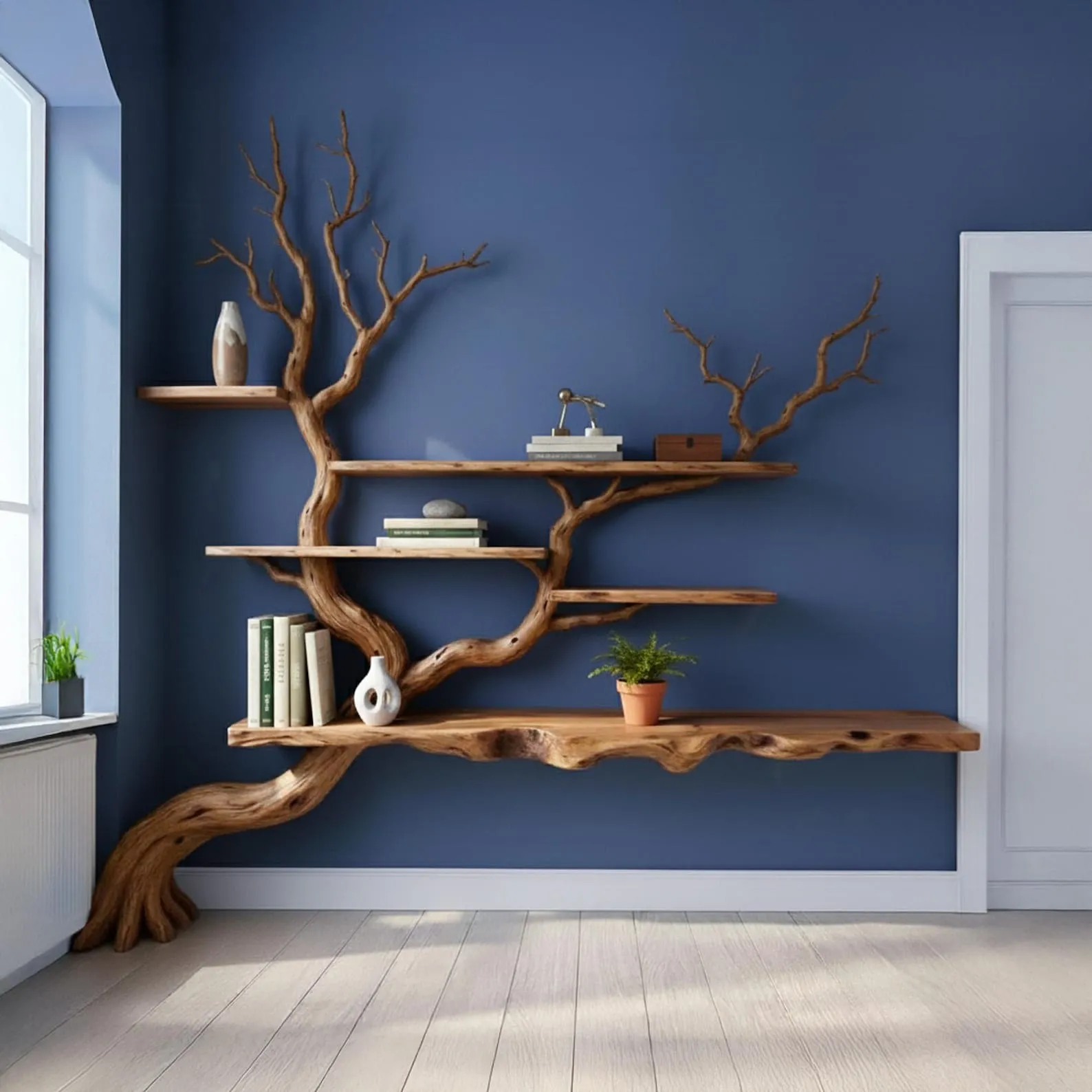Tree floating bookshelf handmade tree branch book shelf handcrafted sculpture solid wood bookcase wall mounted shelves