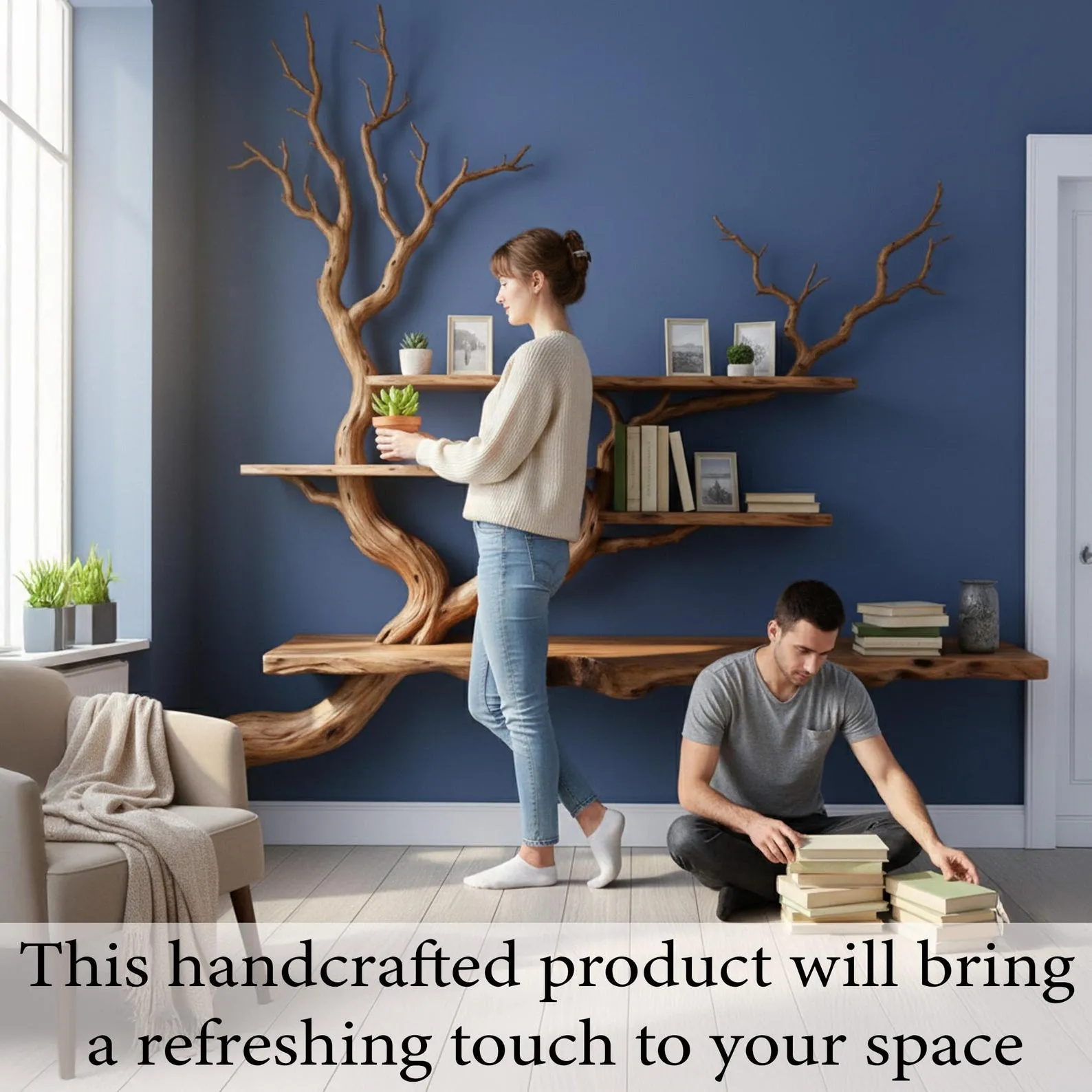 Tree floating bookshelf handmade tree branch book shelf handcrafted sculpture solid wood bookcase wall mounted shelves - Image 4