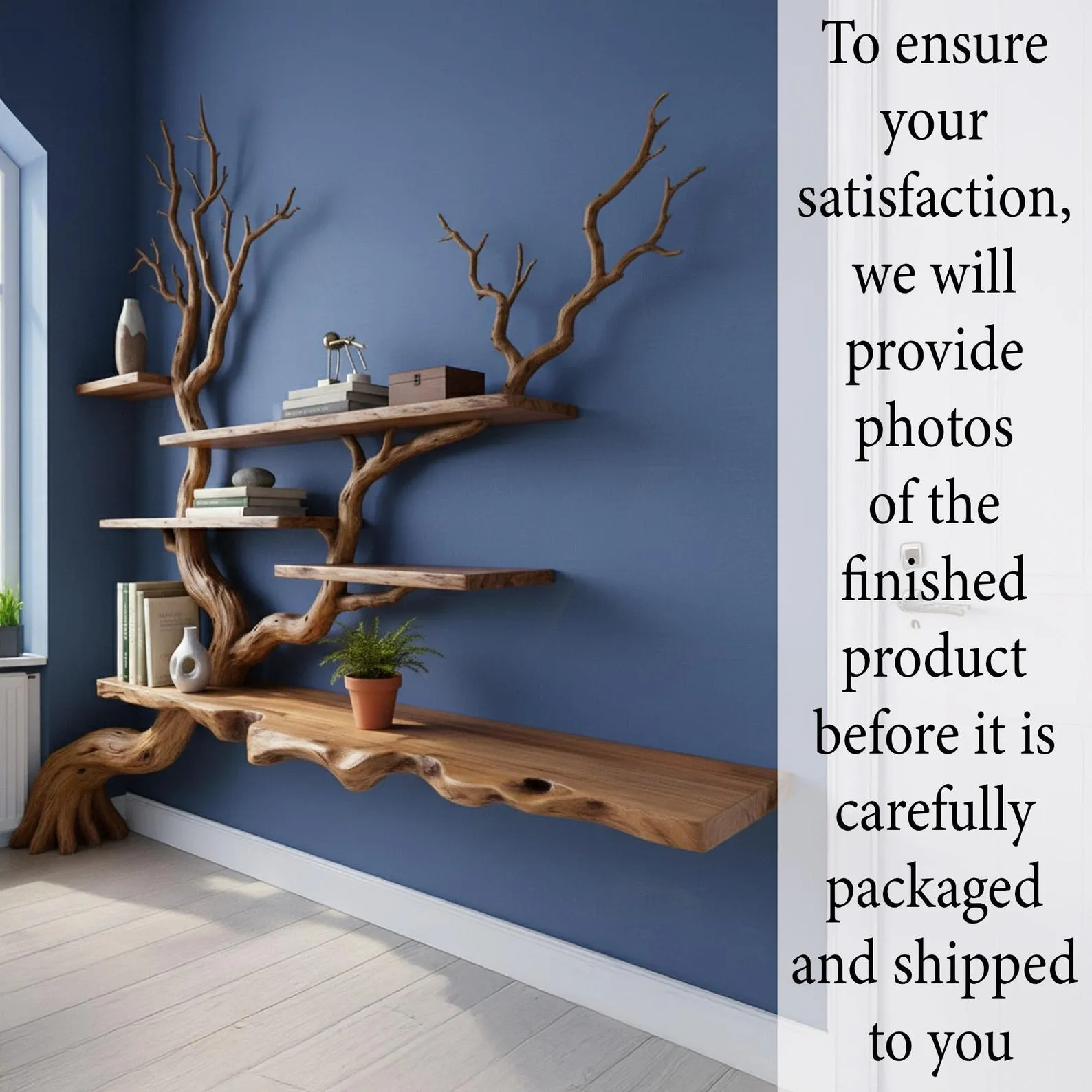 Tree floating bookshelf handmade tree branch book shelf handcrafted sculpture solid wood bookcase wall mounted shelves - Image 9