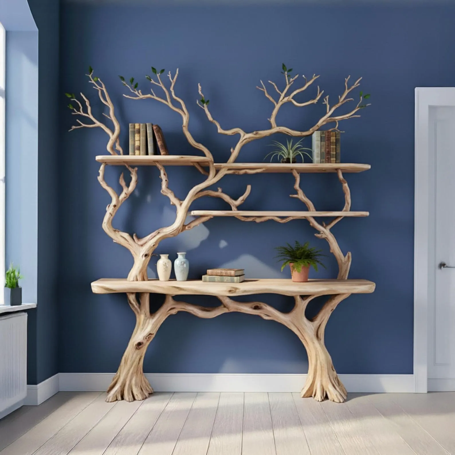 Tree branch floating shelves driftwood wall mounted floating bookshelf handcrafted carved bookcase solid wood floor shelf