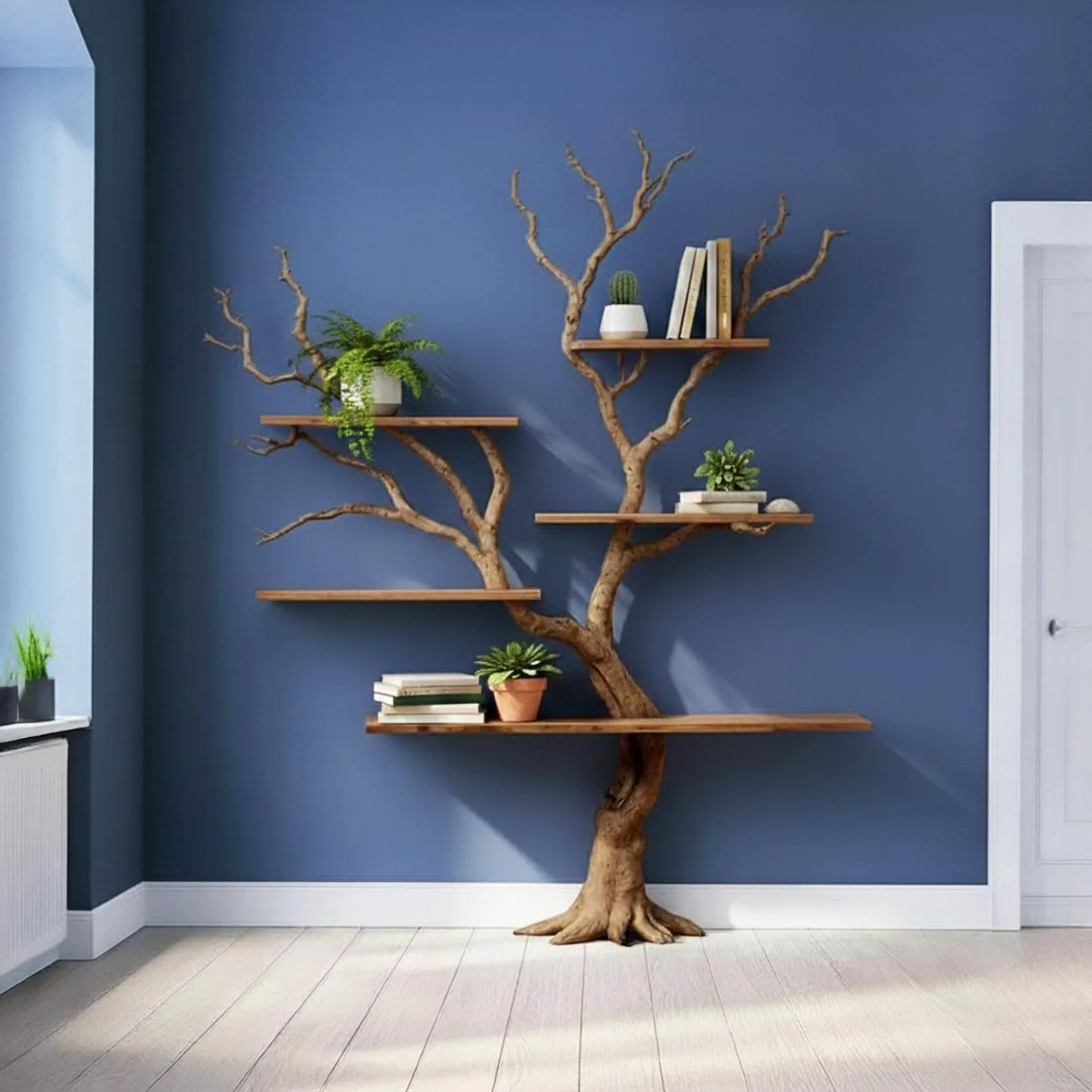 Tree branch bookshelf floating shelves hand carving driftwood branch sculpture art floor bookshelf solid wood bookcase