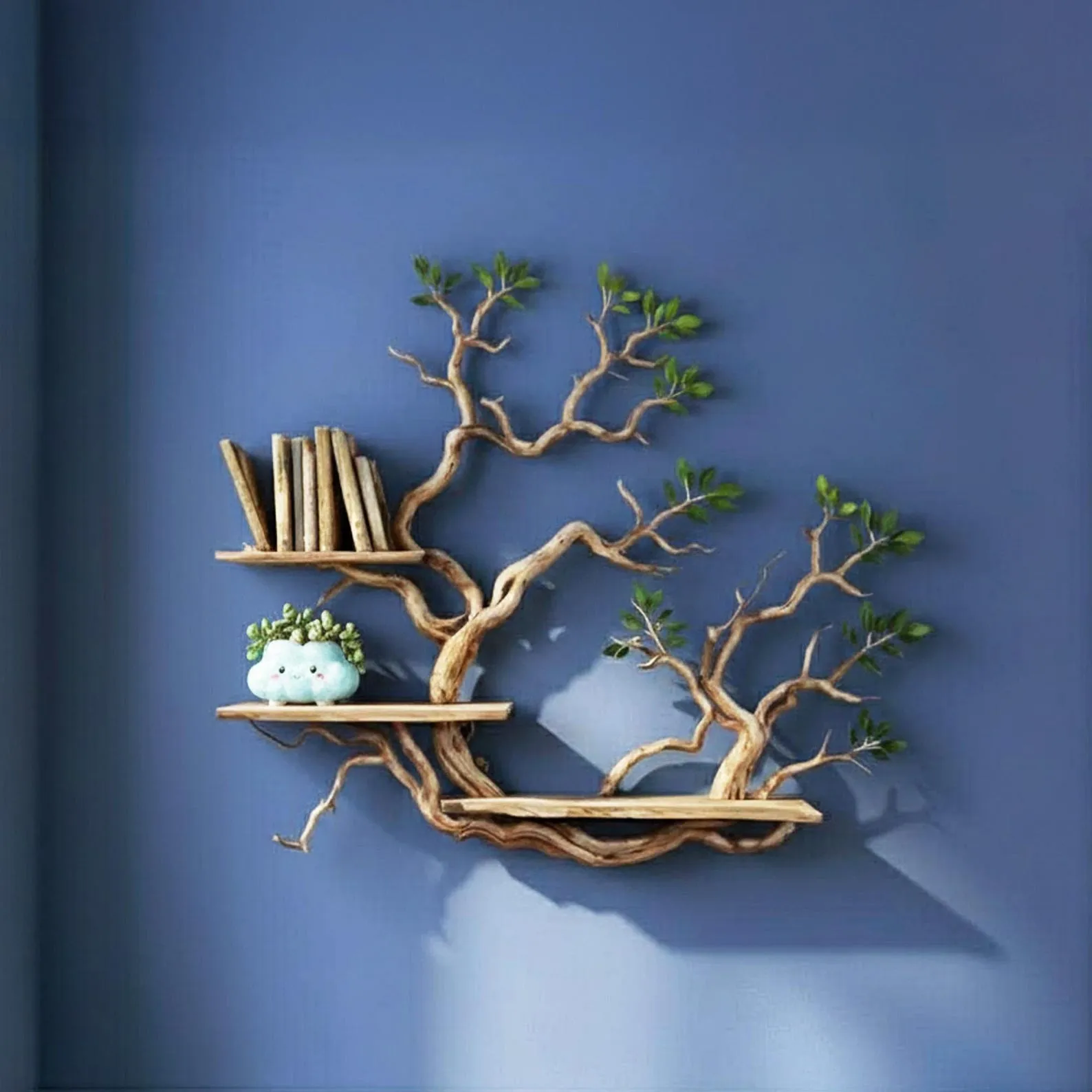 Natural wooden bookshelf floating shelves driftwood tree branch book shelf handmade solid wood wall mounted bookcase