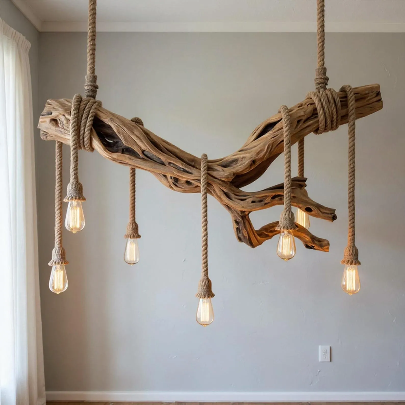 Pendant driftwood branch ceiling light rope cord tree branch hanging light chandelier drift wood lighting