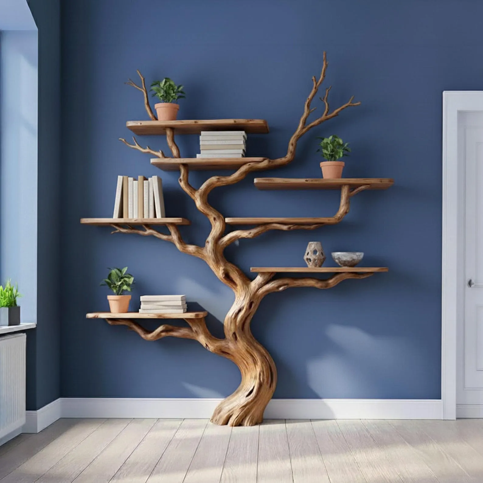 Tree branch book shelf handcrafted driftwood sculpture bookshelf solid wood bookcase wall mounted floating shelves