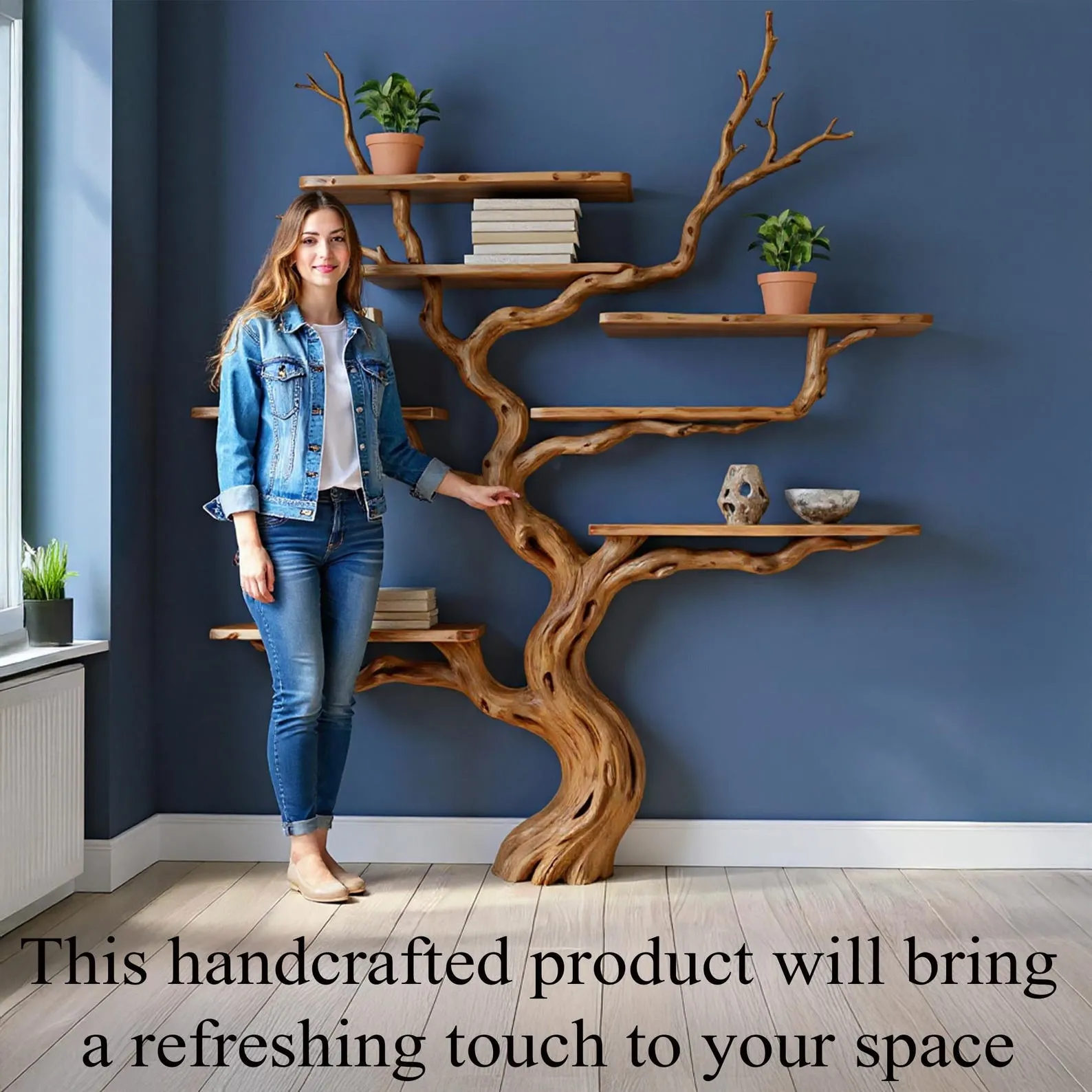 Tree branch book shelf handcrafted driftwood sculpture bookshelf solid wood bookcase wall mounted floating shelves - Image 2