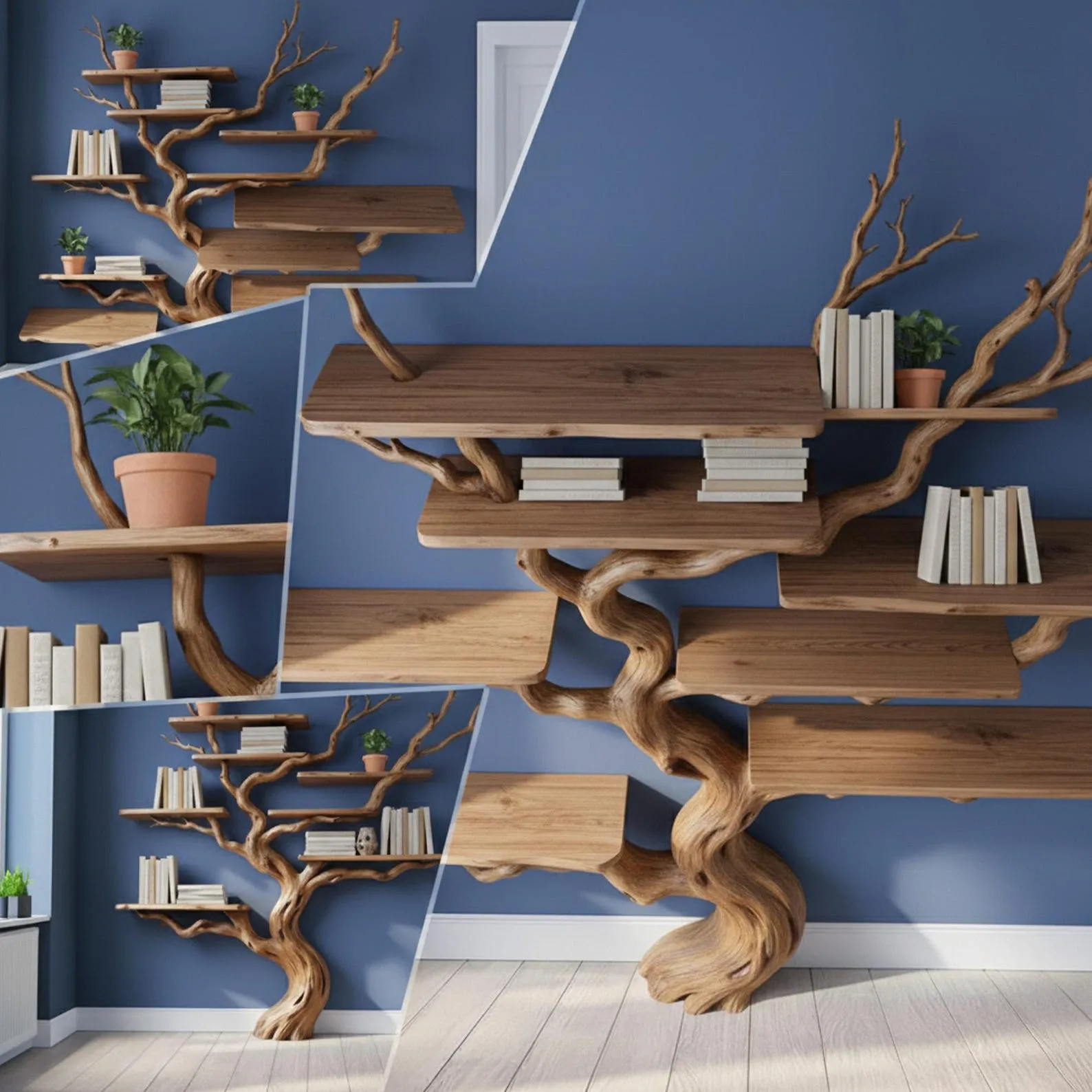 Tree branch book shelf handcrafted driftwood sculpture bookshelf solid wood bookcase wall mounted floating shelves - Image 8