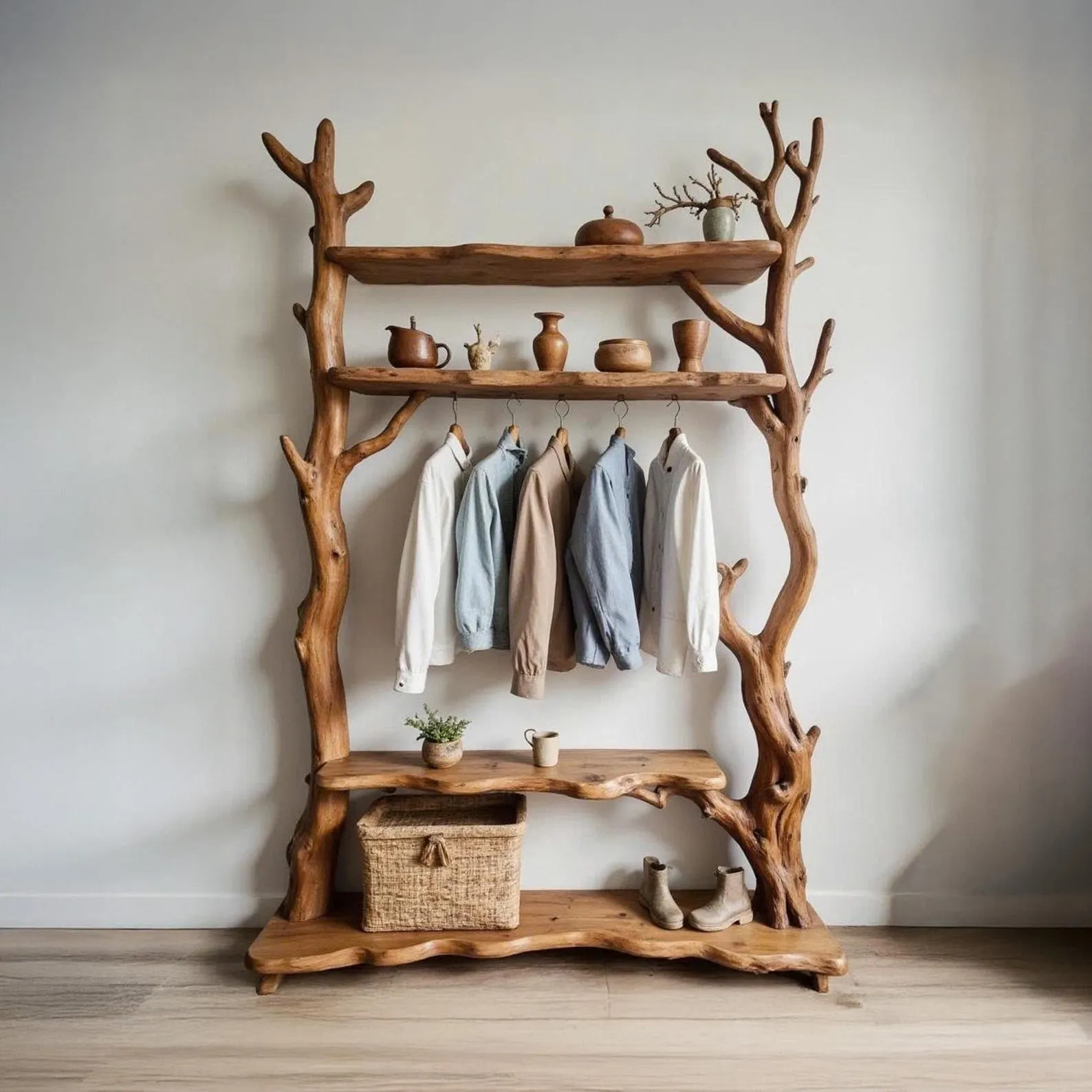 Driftwood wall mount coat rack tree branch shelving live edge solid wood tree hanging clothes