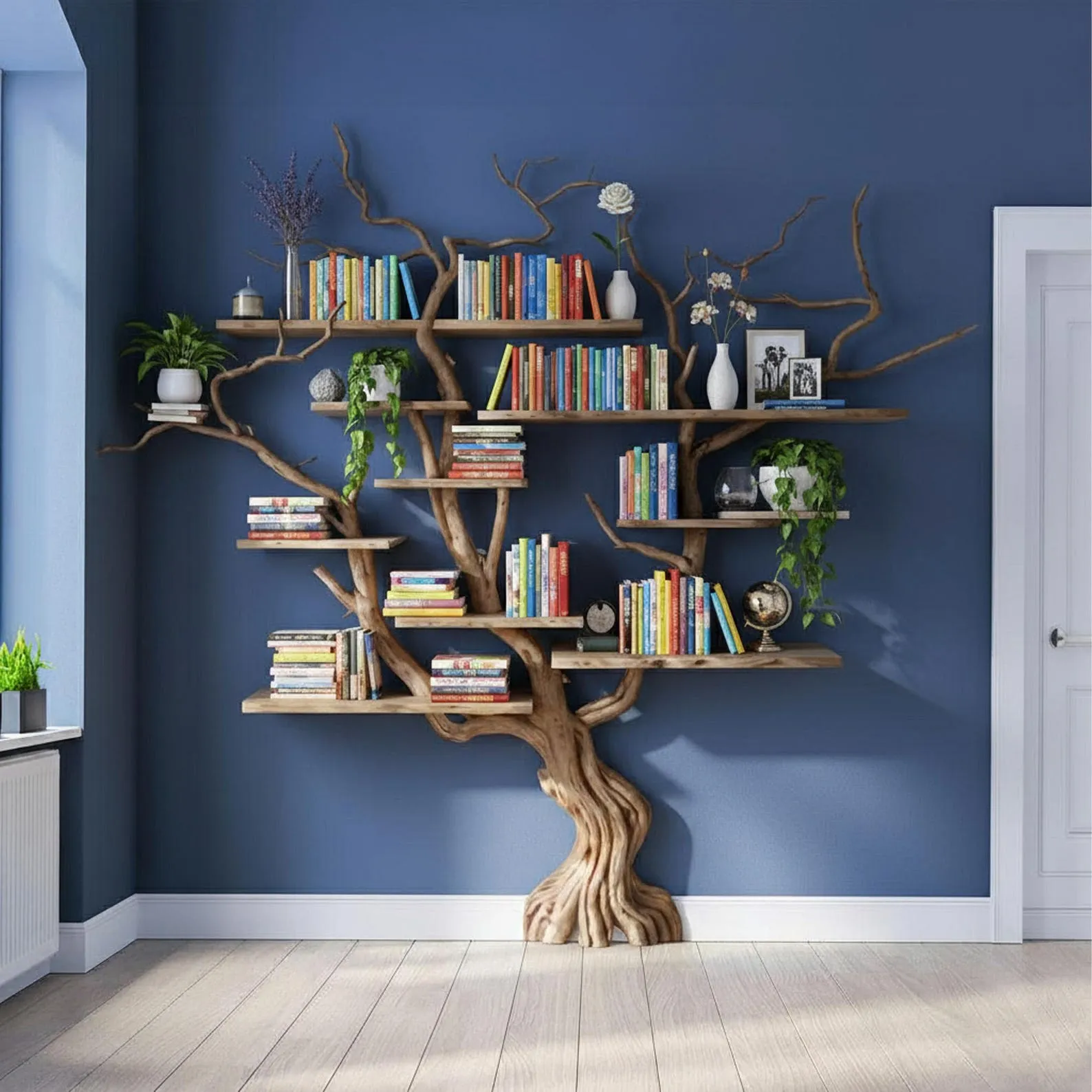 Natural wood bookshelf tree branch wall shelf floating shelves driftwood carving art