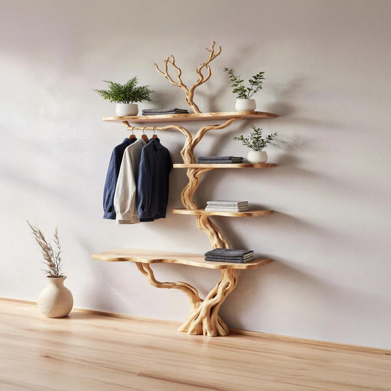 Natural wood tree branch coat rack decorative coat hooks driftwood branch art floating shelves wall mount unique handmade furniture