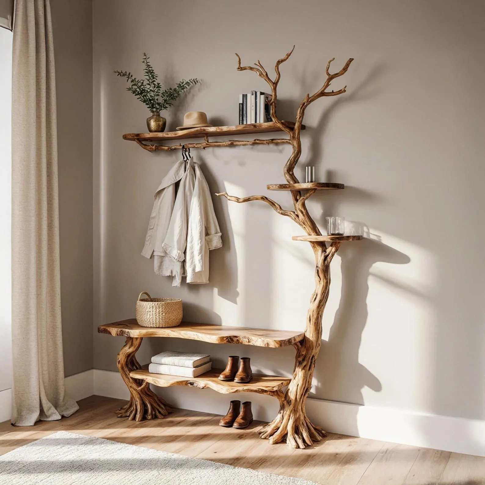 Tree branch coat rack wall mounted driftwood sculpture live edge wood shelf hallway coat rack hidden storage unique handmade furniture