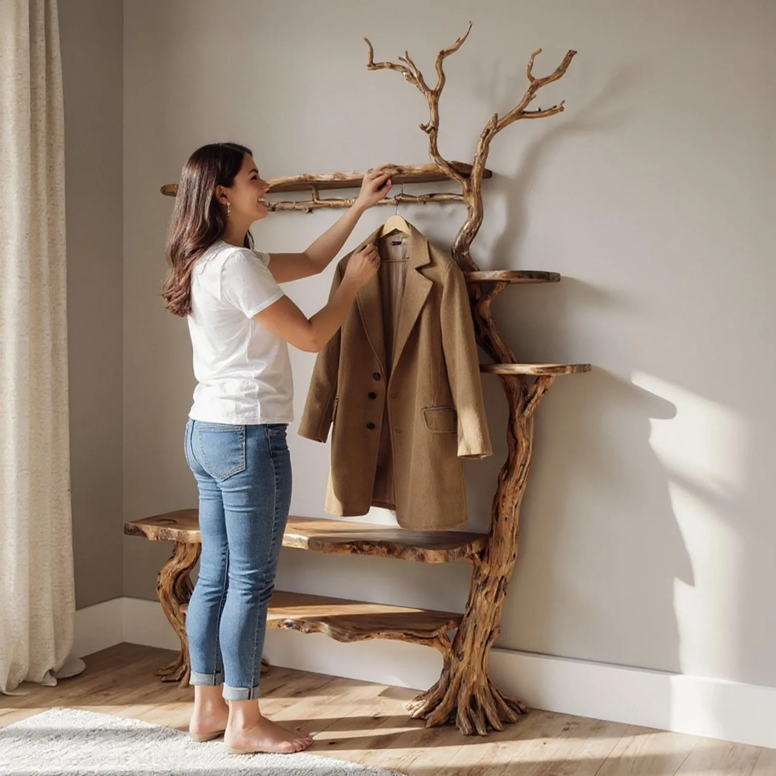 Tree branch coat rack wall mounted driftwood sculpture live edge wood shelf hallway coat rack hidden storage unique handmade furniture - Image 2